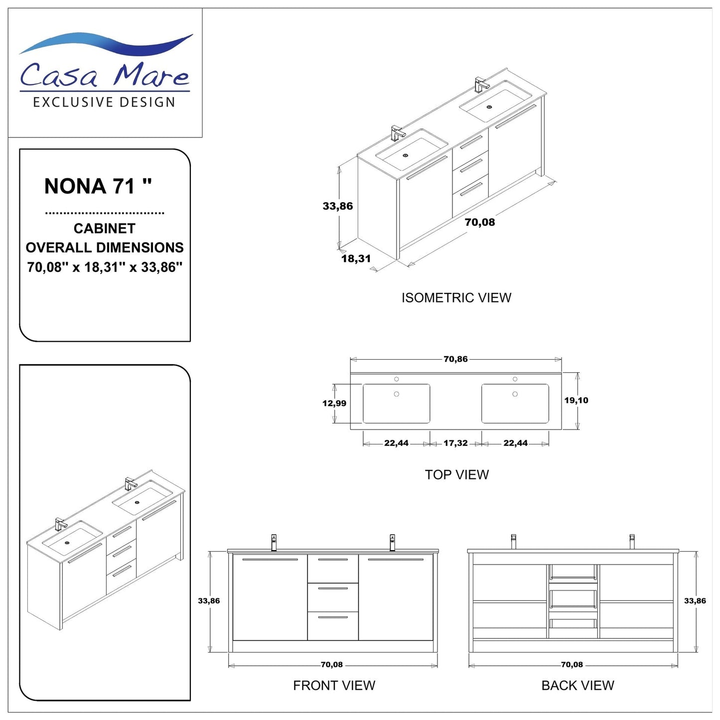 Casa Mare Nona 71" Glossy White Bathroom Vanity and Acrylic Double Sink Combo