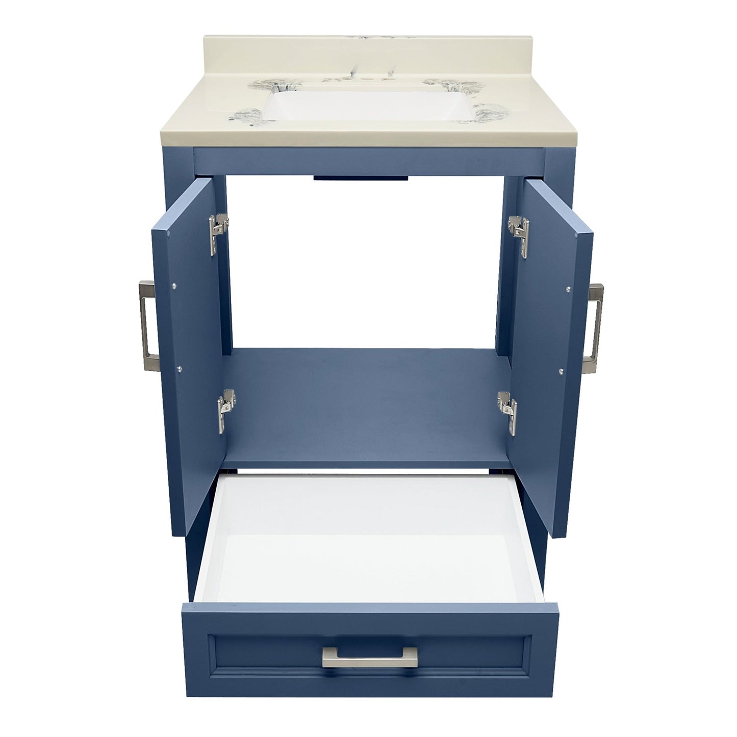 Ella’s Bubbles Nevado 25" Navy Blue Bathroom Vanity With Carrara White Cultured Marble Top With Backsplash and Sink