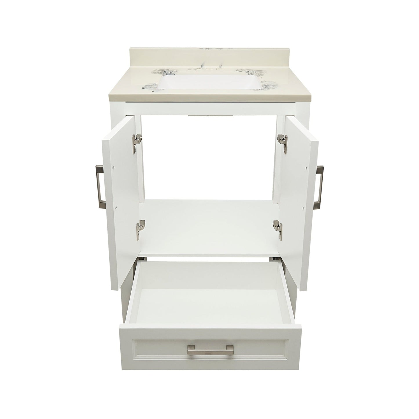 Ella’s Bubbles Nevado 25" White Bathroom Vanity With Carrara White Cultured Marble Top With Backsplash and Sink