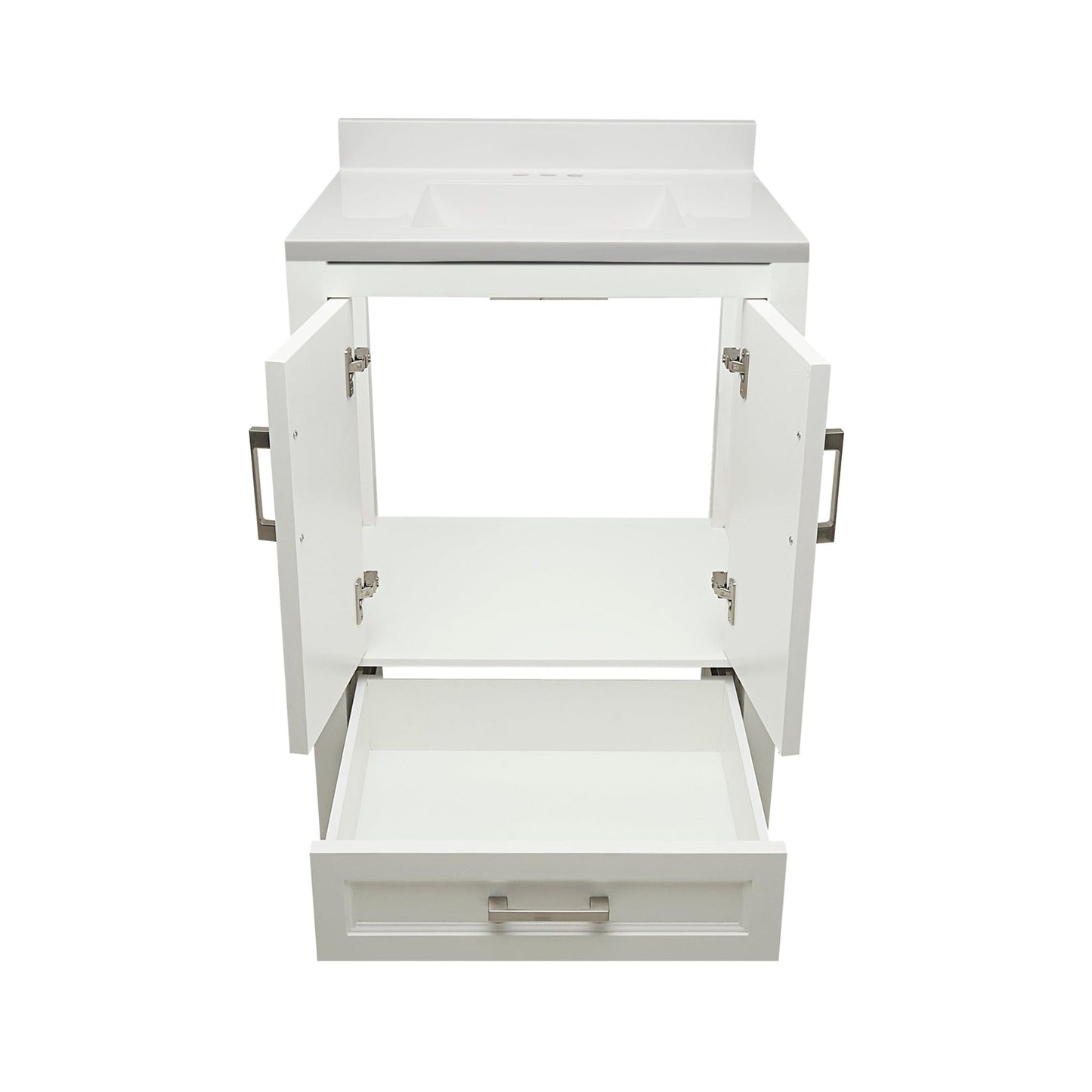 Ella’s Bubbles Nevado 25" White Bathroom Vanity With White Cultured Marble Top With White Backsplash and Sink