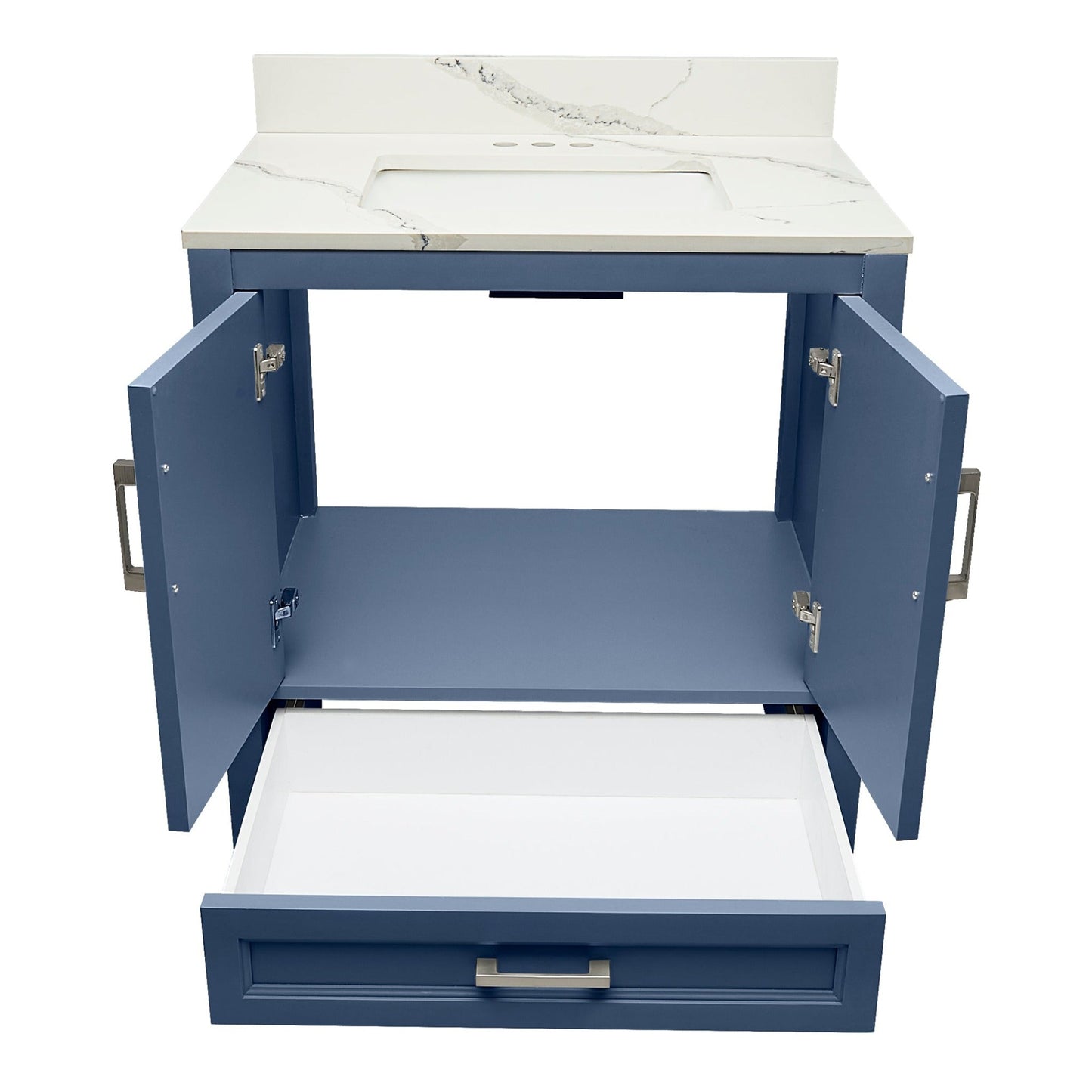 Ella’s Bubbles Nevado 31" Navy Blue Bathroom Vanity With Calacatta White Quartz Stone Top With Backsplash and Sink