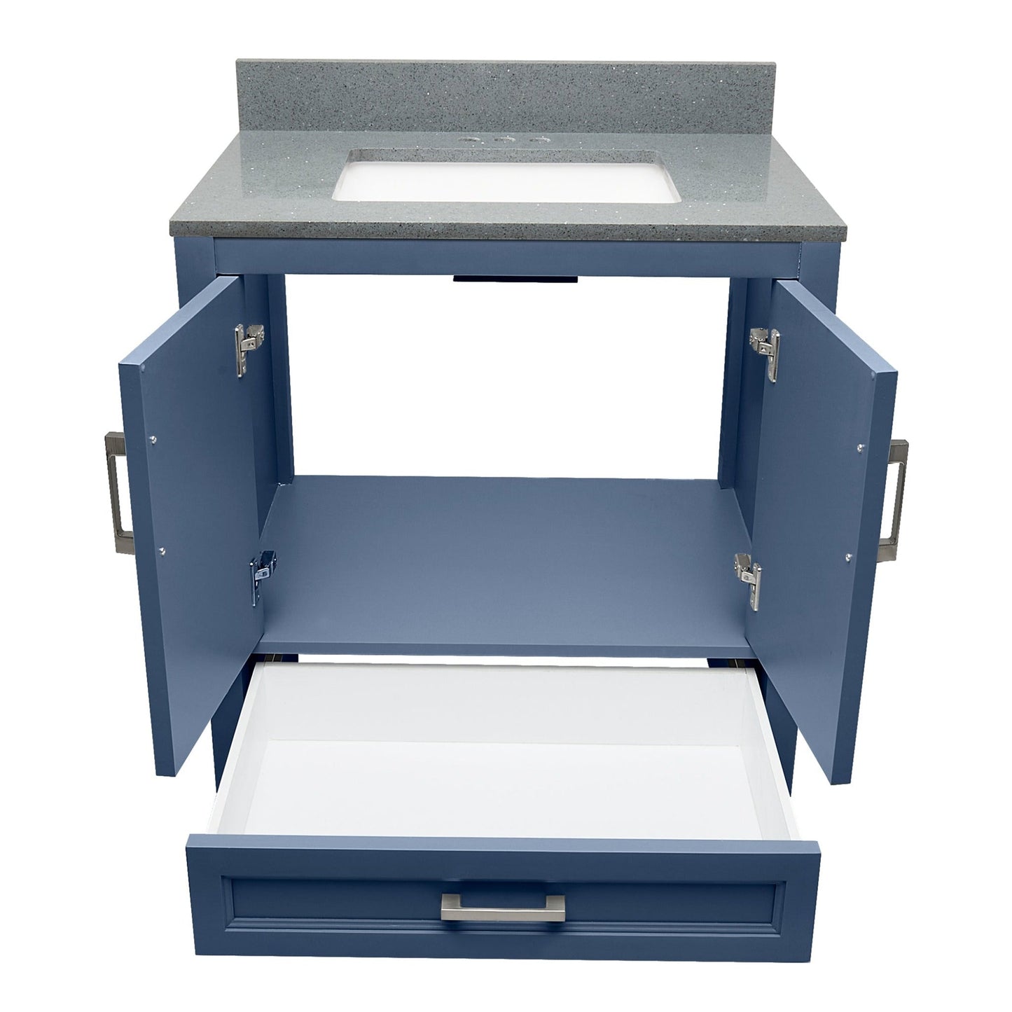 Ella’s Bubbles Nevado 31" Navy Blue Bathroom Vanity With Galaxy Gray Quartz Stone Top With Backsplash and Sink