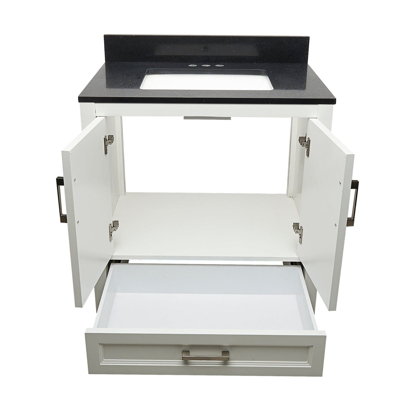 Ella’s Bubbles Nevado 31" White Bathroom Vanity With Galaxy Black Quartz Stone Top With Backsplash and Sink