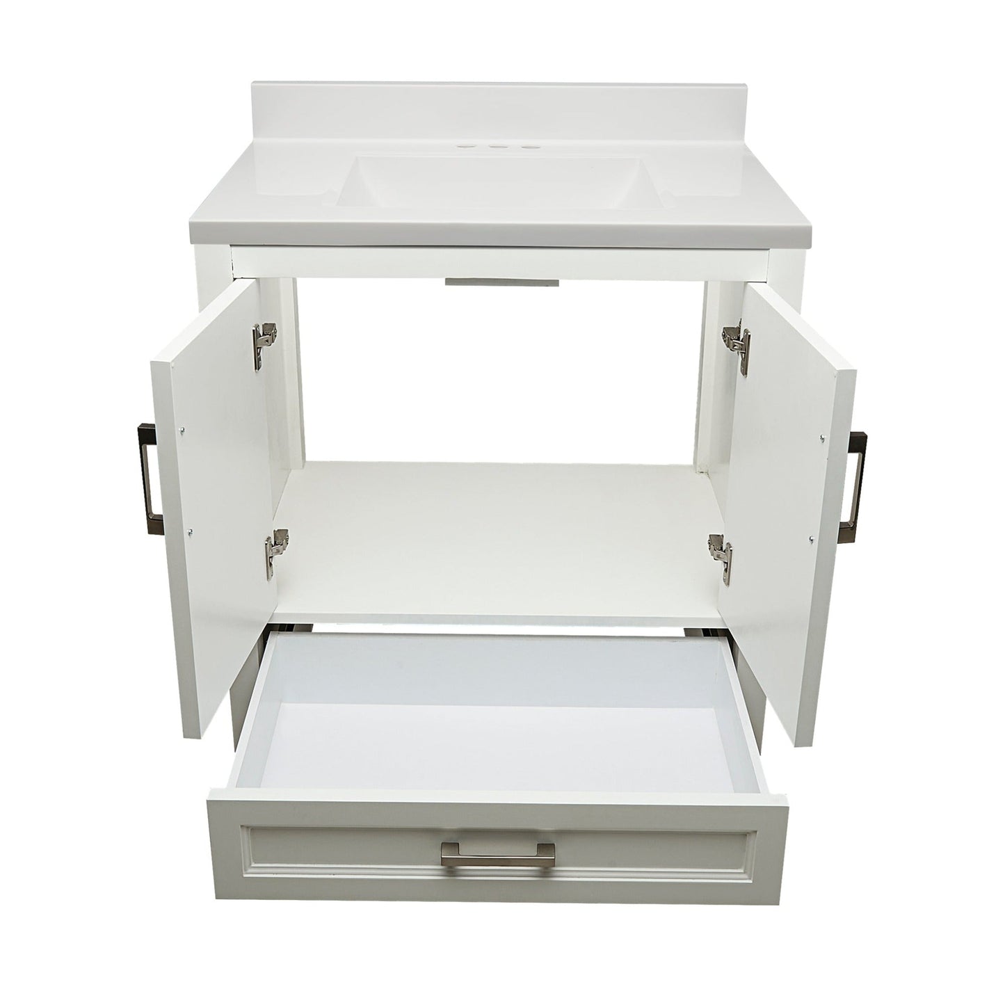 Ella’s Bubbles Nevado 31" White Bathroom Vanity With White Cultured Marble Top With White Backsplash and Sink