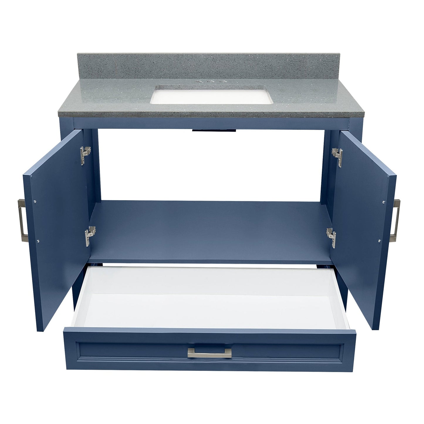 Ella’s Bubbles Nevado 37" Navy Blue Bathroom Vanity With Galaxy Gray Quartz Stone Top With Backsplash and Sink