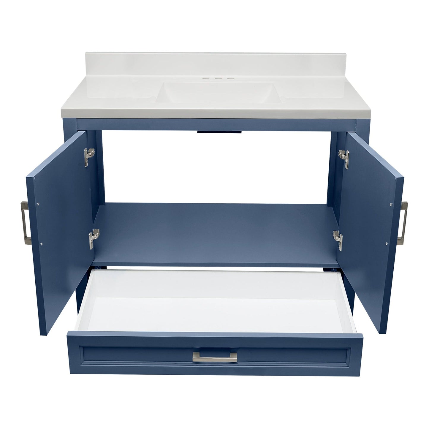 Ella’s Bubbles Nevado 37" Navy Blue Bathroom Vanity With White Cultured Marble Top With White Backsplash and Sink