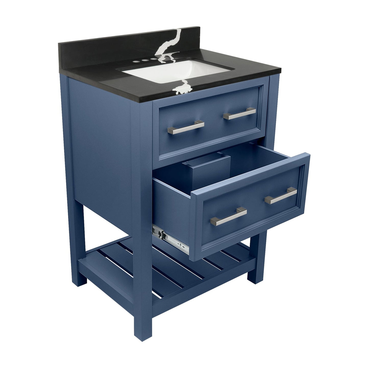 Ella's Bubbles Tremblant 25" Navy Blue Bathroom Vanity With Calacatta Black Quartz Stone Top With Backsplash and Sink