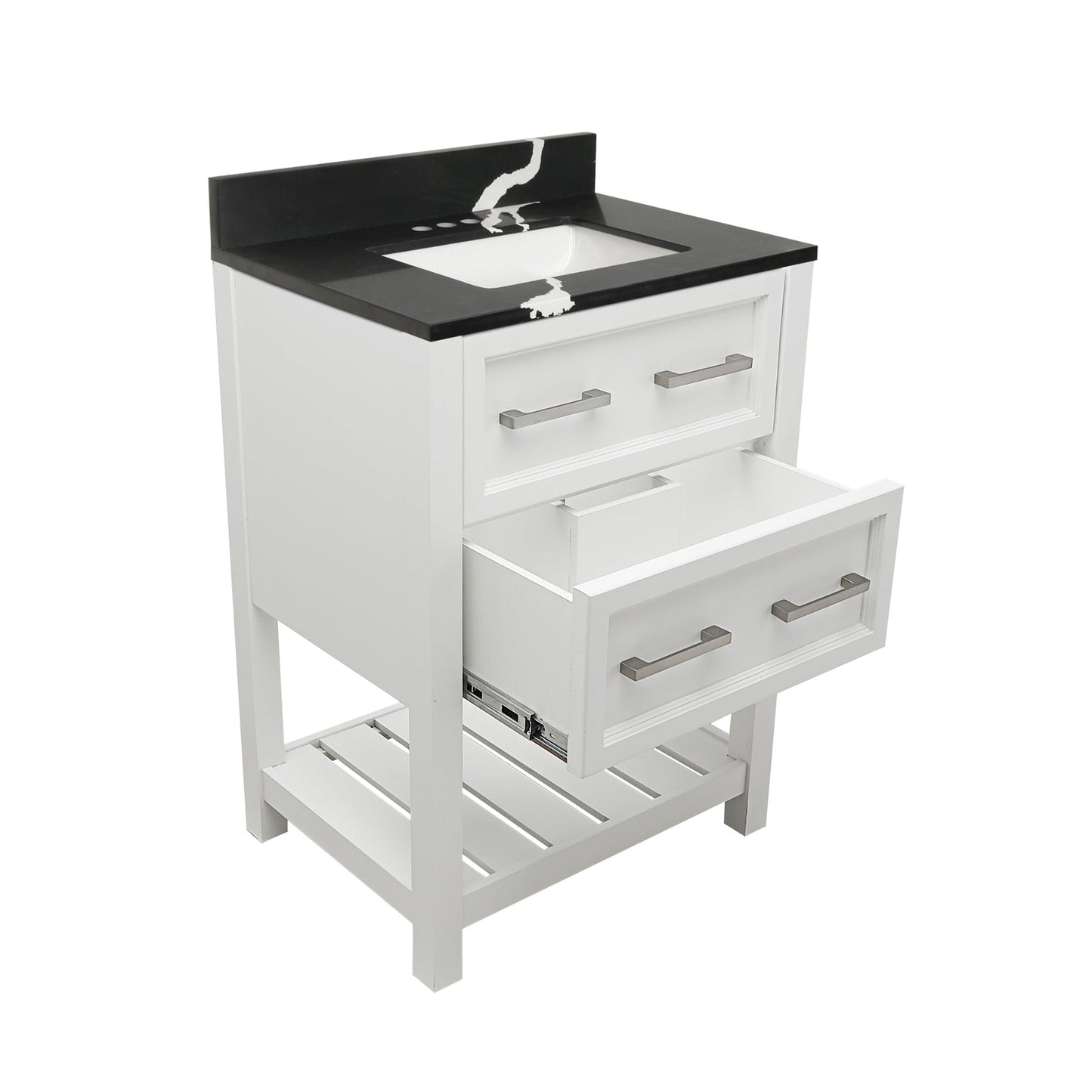 Ella's Bubbles Tremblant 25" White Bathroom Vanity With Calacatta Black Quartz Stone Top With Backsplash and Sink