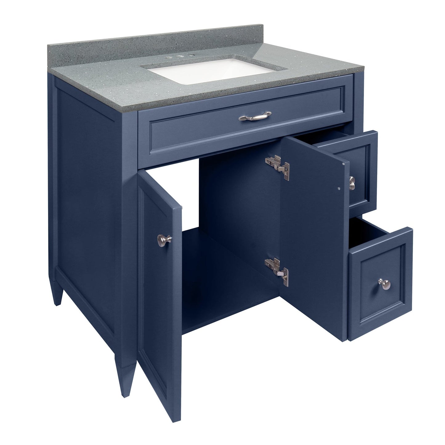 Ella’s Bubbles Vail 37" Navy Blue Bathroom Vanity With Galaxy Gray Quartz Stone Top With Backsplash and Sink