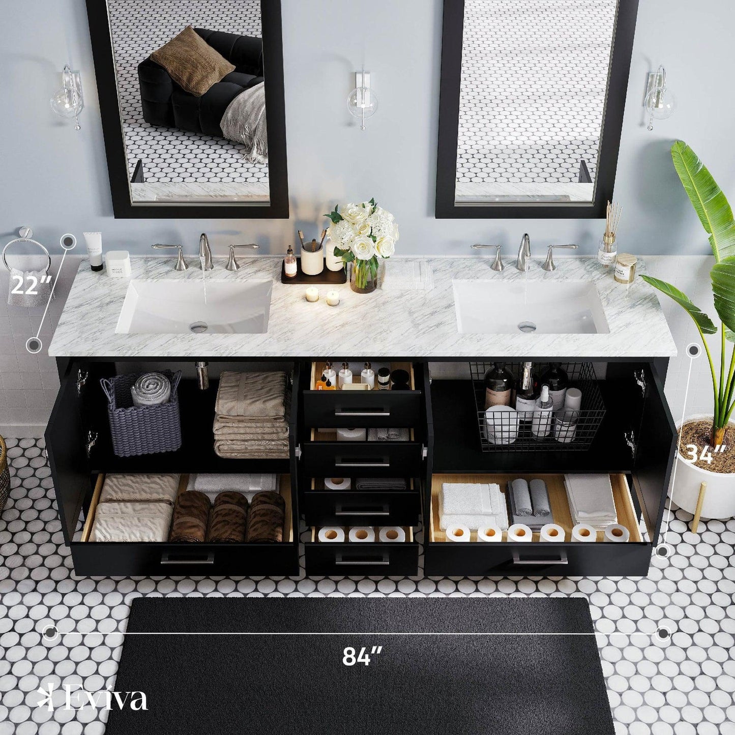 Eviva Aberdeen 84" x 34" Espresso Freestanding Bathroom Vanity With Double Undermount Sink