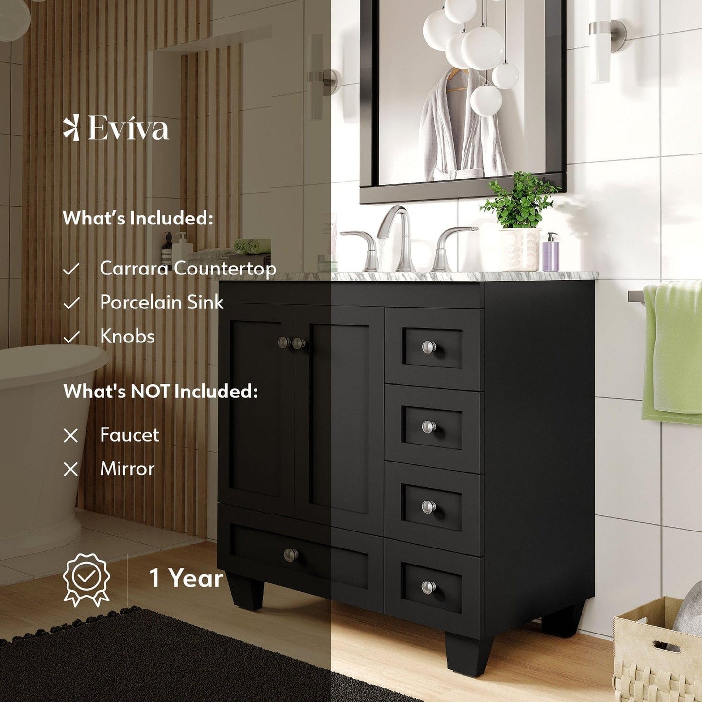 Eviva Acclaim 30" x 34" Espresso Freestanding Bathroom Vanity With White Carrara Marble Countertop and Single Undermount Sink