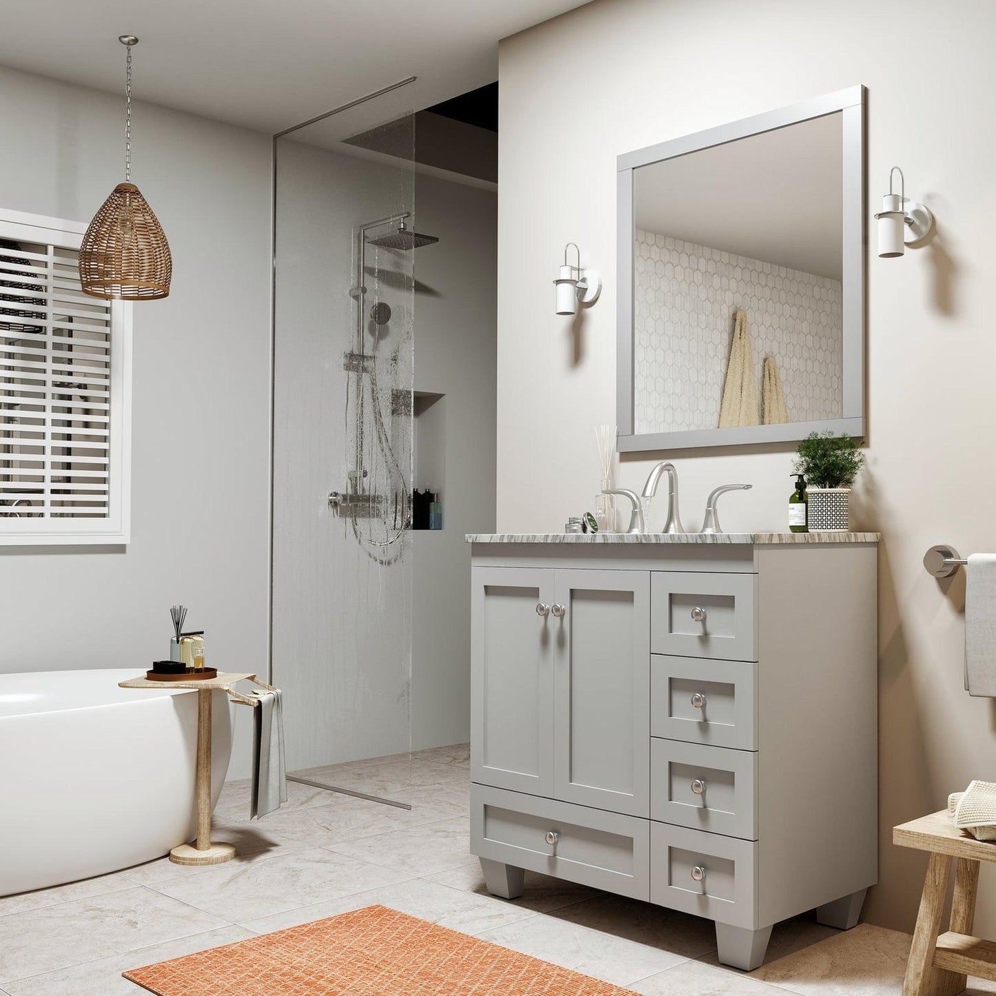 Eviva Acclaim 30" x 34" Gray Freestanding Bathroom Vanity With White Carrara Marble Countertop and Single Undermount Sink