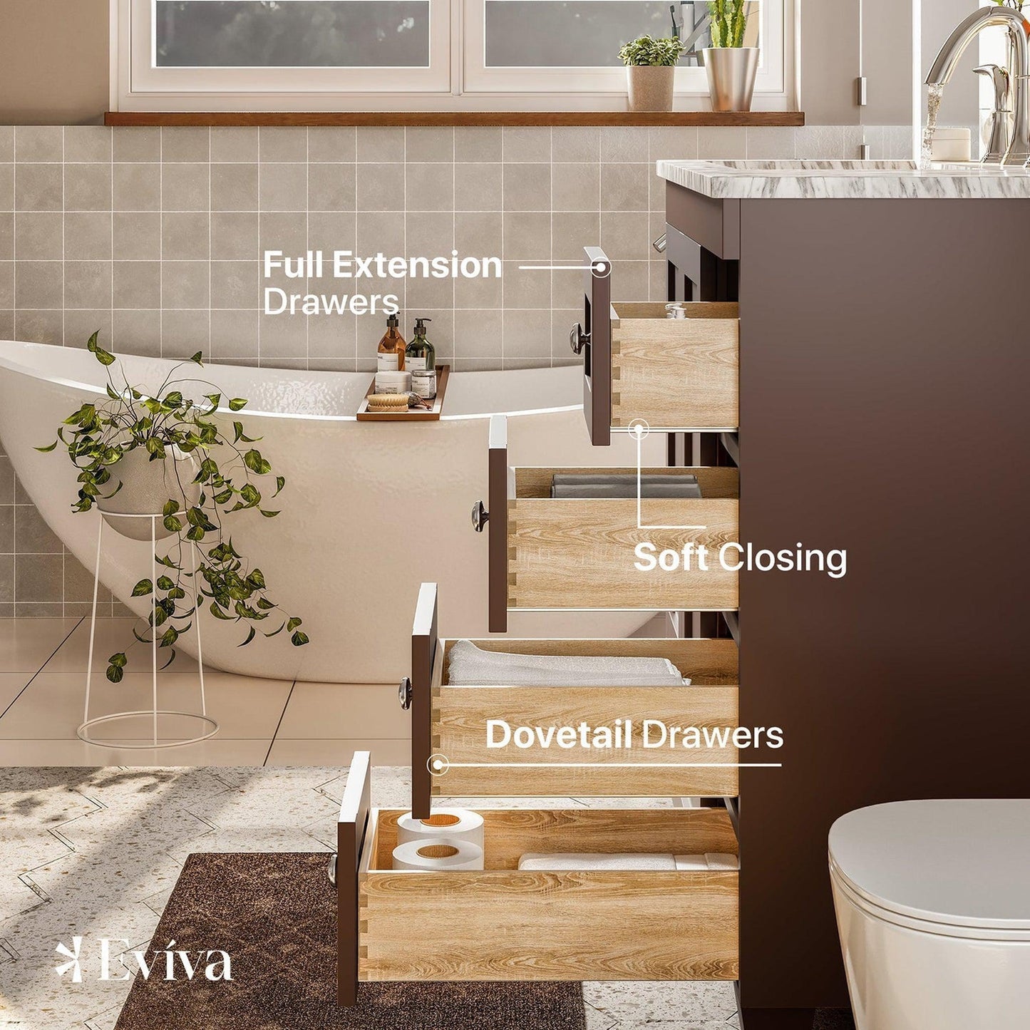 Eviva Acclaim 30" x 34" Teak Freestanding Bathroom Vanity With White Carrara Marble Countertop and Single Undermount Sink