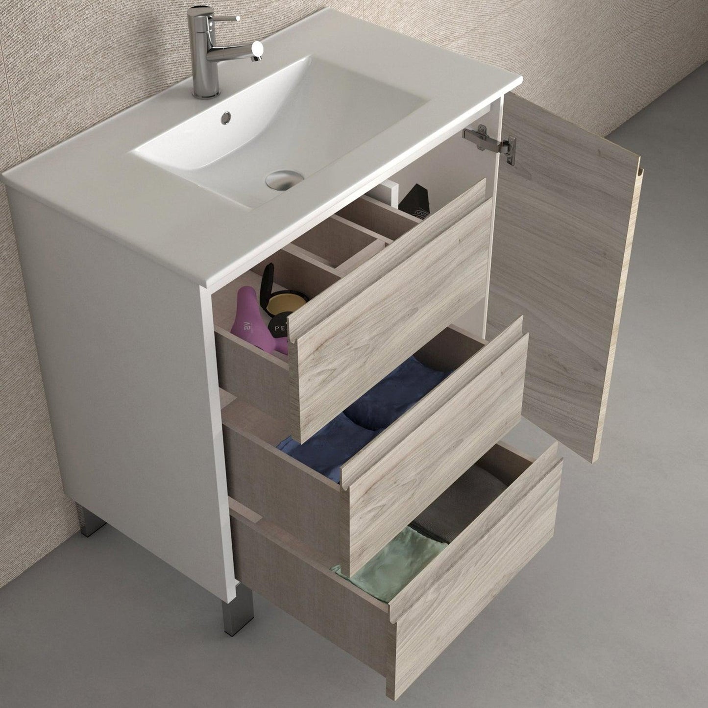 Eviva Bella 32" x 28" White-Gray Pine Freestanding Bathroom Vanity With Integrated Porcelain Sink