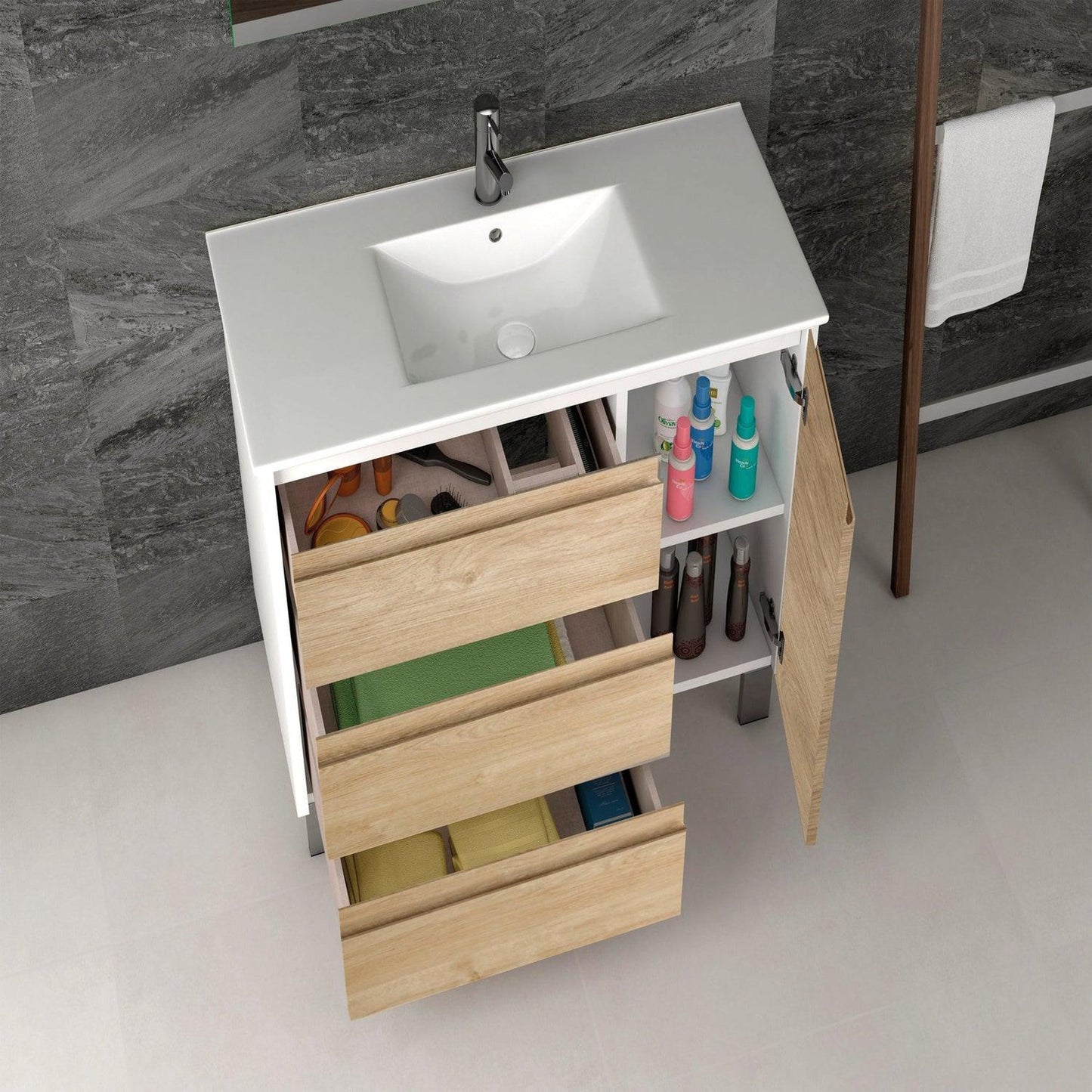 Eviva Bella 32" x 28" White-Oak Freestanding Bathroom Vanity With Integrated Porcelain Sink