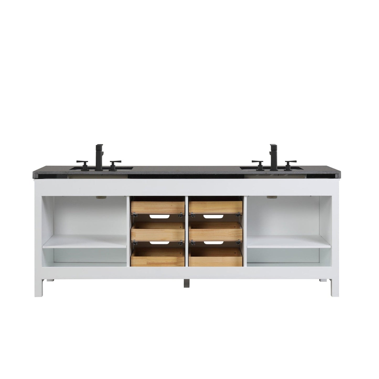 Eviva Dallas 84” x 34” White Freestanding Bathroom Vanity With Black Granite Countertop and Double Undermount Sink