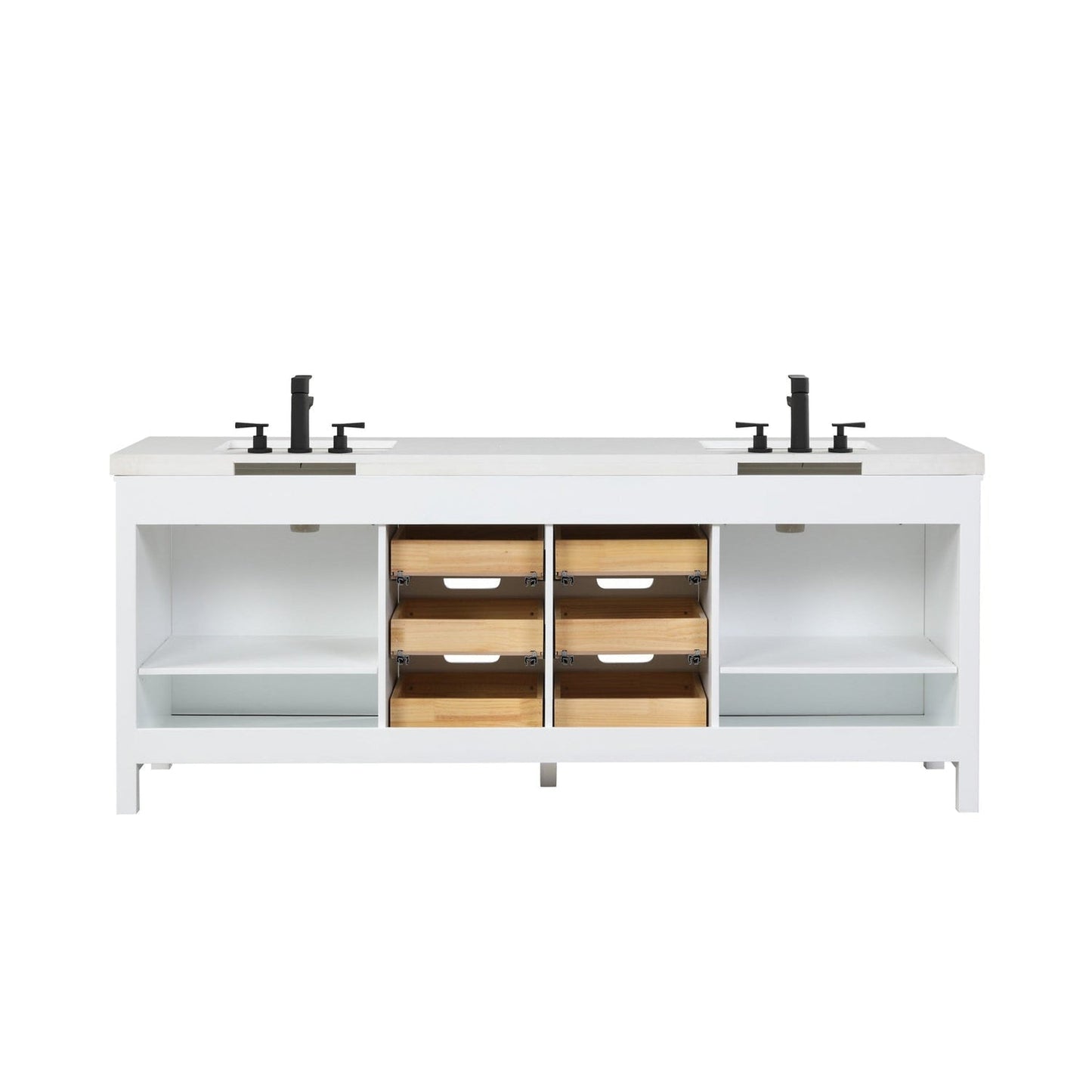 Eviva Dallas 84” x 34” White Freestanding Bathroom Vanity With White Granite Countertop and Double Undermount Sink