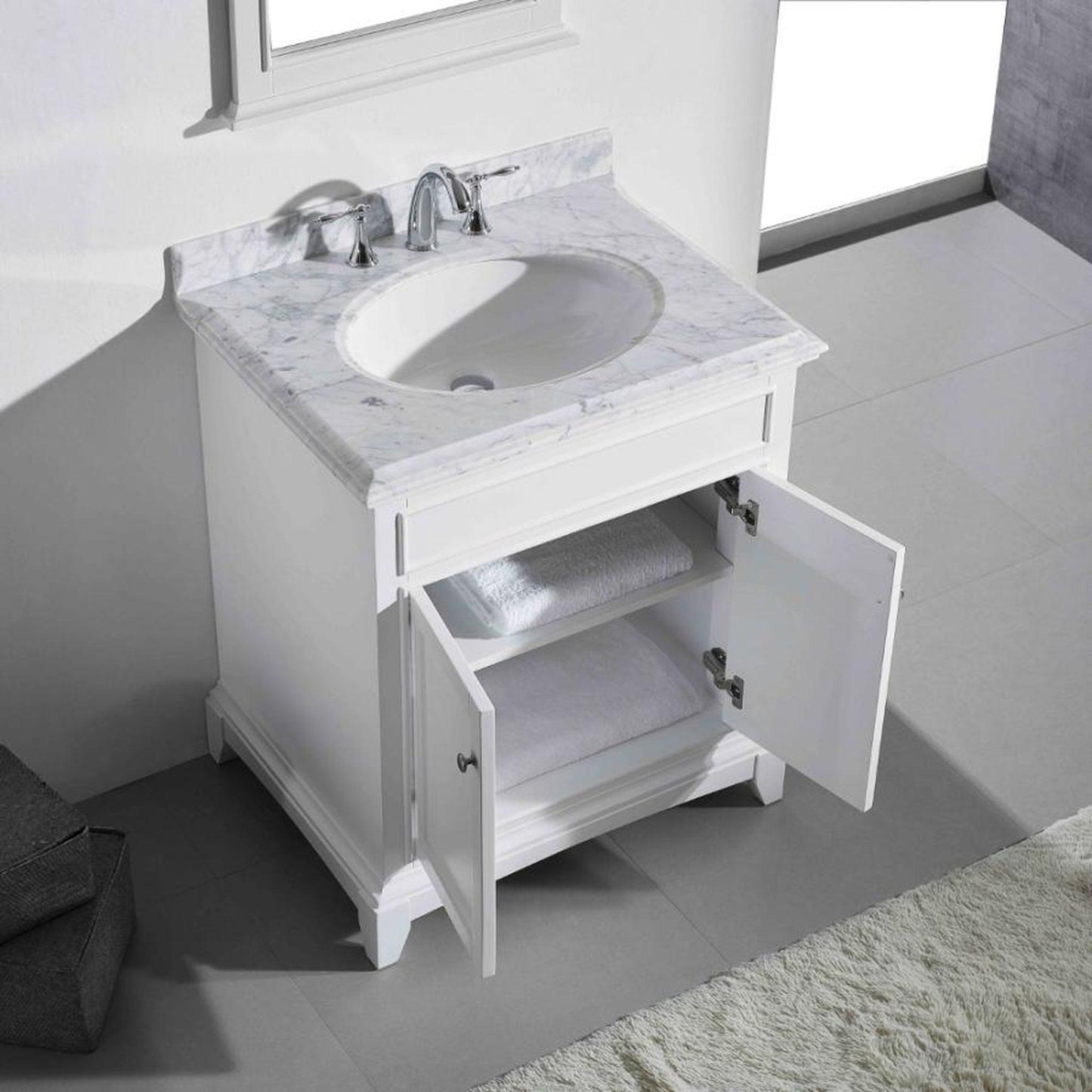 Eviva Elite Stamford 30" x 36" White Freestanding Bathroom Vanity With White Carrara Marble Countertop and Undermount Porcelain Sink