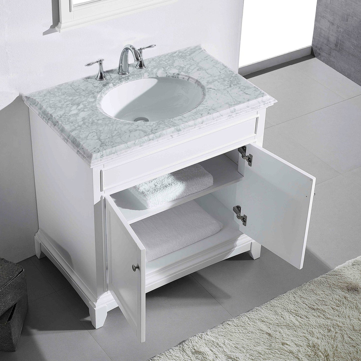 Eviva Elite Stamford 36" x 36" White Freestanding Bathroom Vanity With White Carrara Marble Countertop and Undermount Porcelain Sink