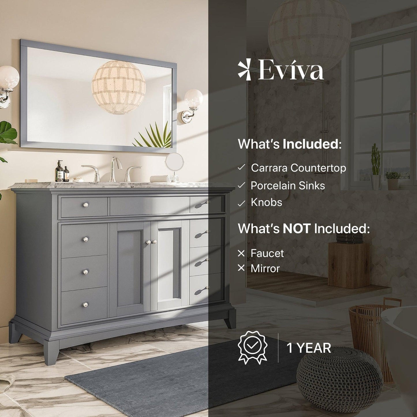 Eviva Elite Stamford 42" x 36" Gray Freestanding Bathroom Vanity With White Carrara Marble Countertop and Undermount Porcelain Sink