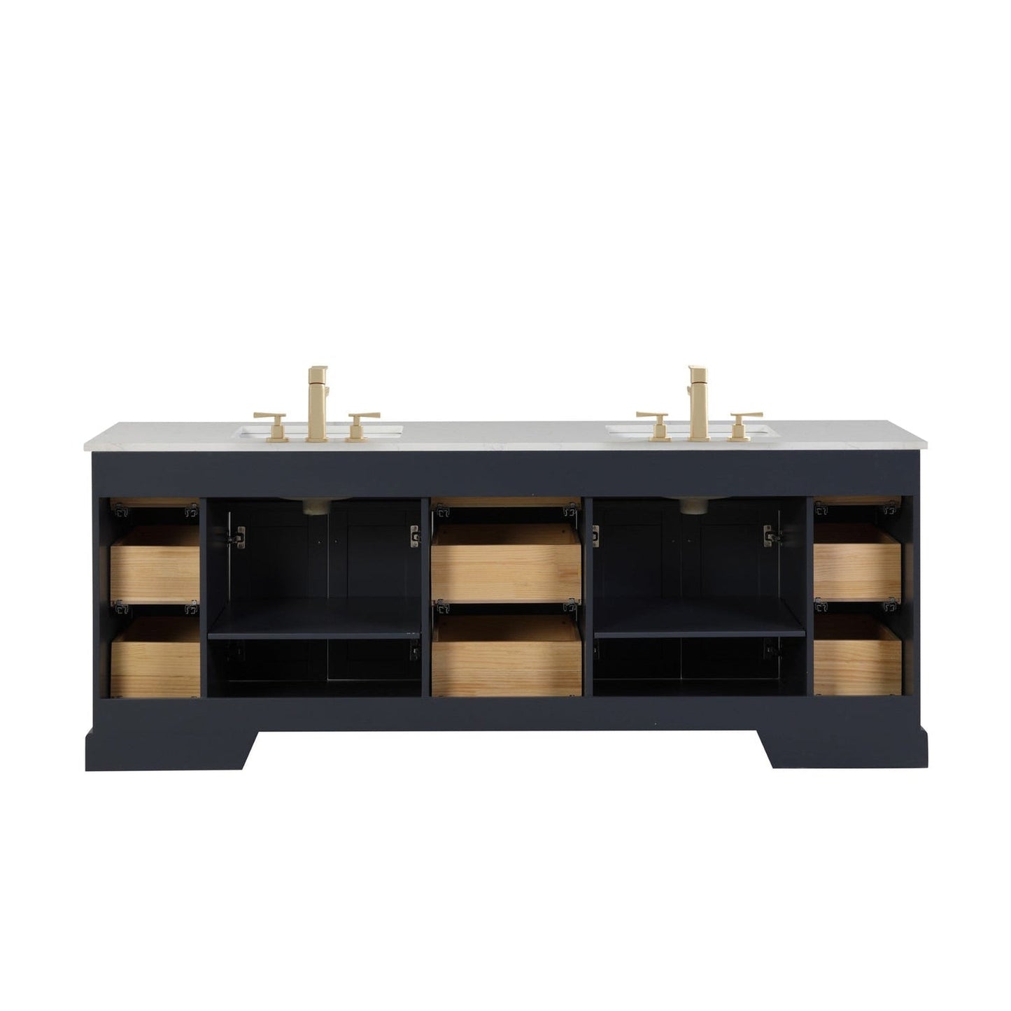 Eviva Epic 84" x 34" Charcoal Gray Freestanding Bathroom Vanity With Brushed Gold Hardware and Quartz Countertop With Double Undermount Sink