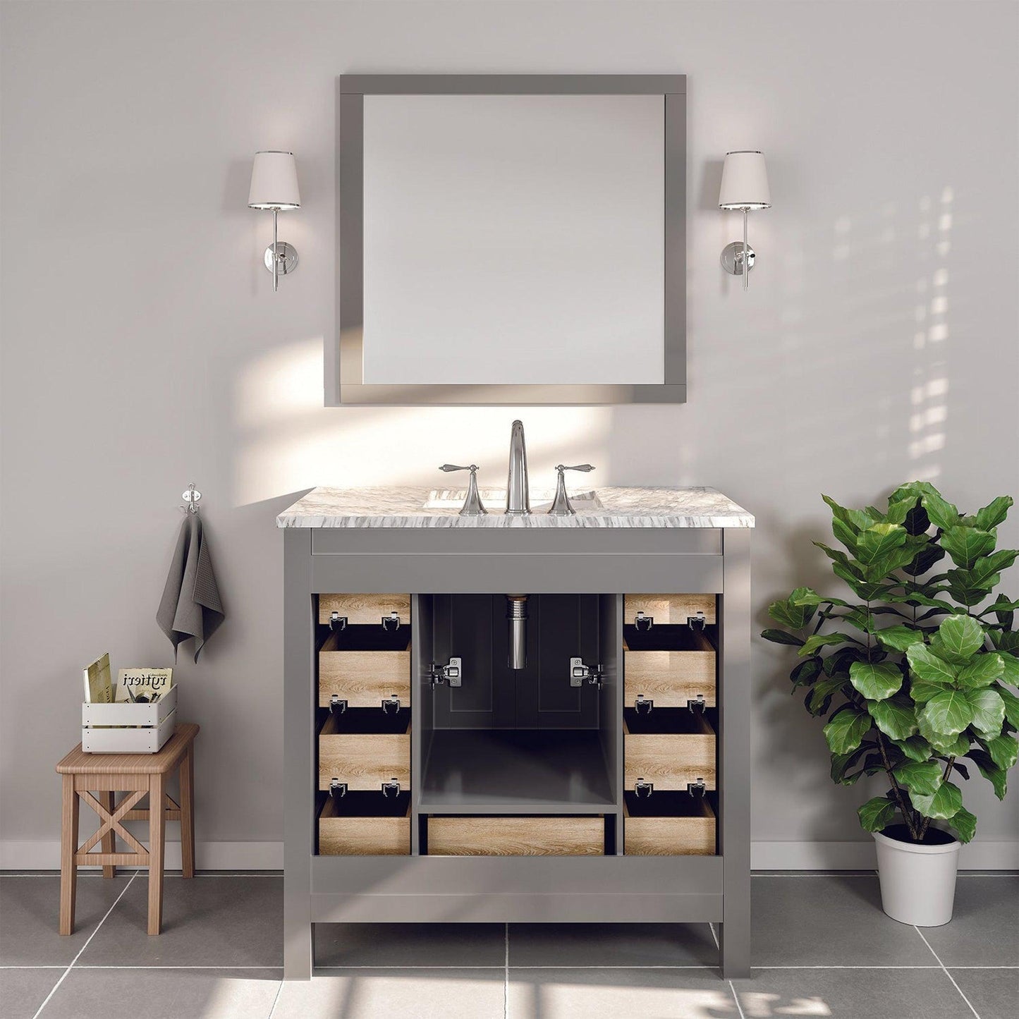 Eviva Hampton 36" x 34" Gray Freestanding Bathroom Vanity with Marble Carrara Countertop and Single Undermount Sink