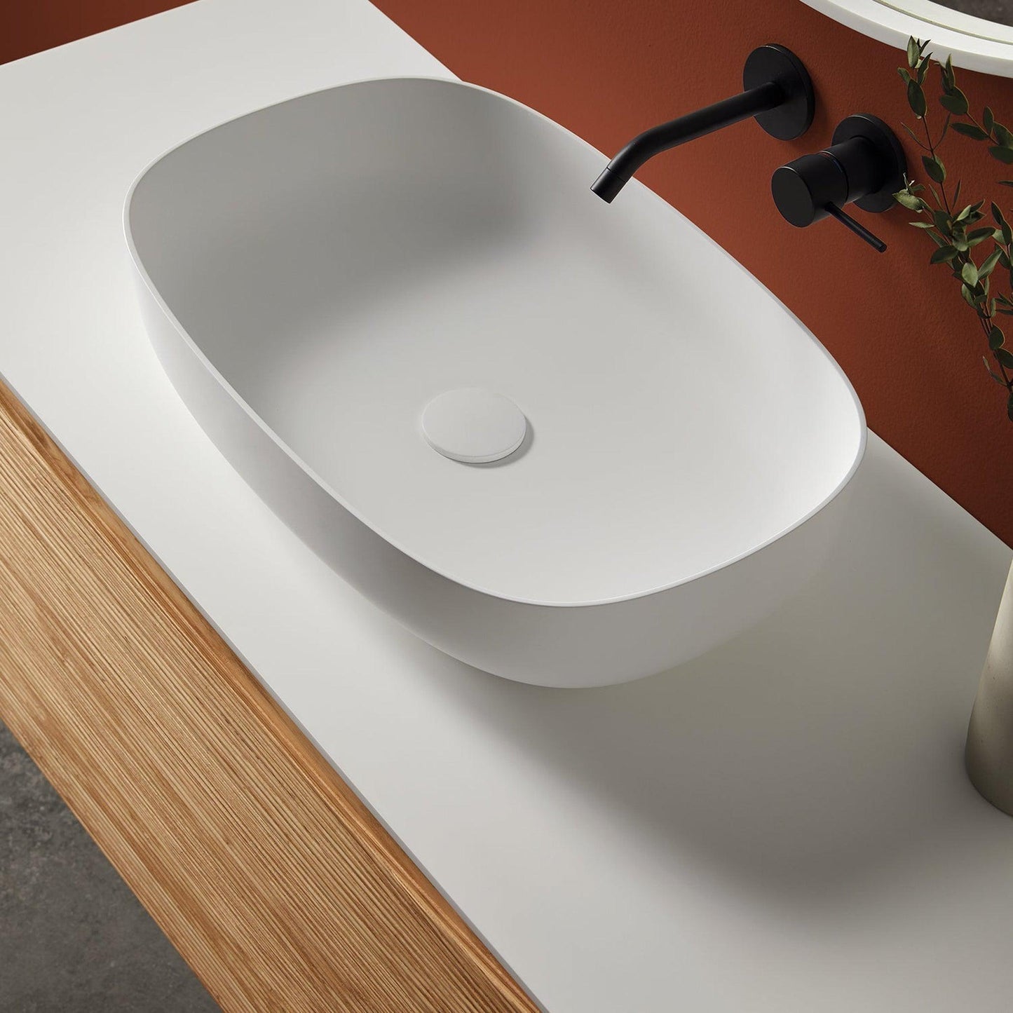 Eviva Leah 44" x 20.5" Medium Oak Wall-Mounted Bathroom Vanity With Oval Vessel Solid Surface Sink