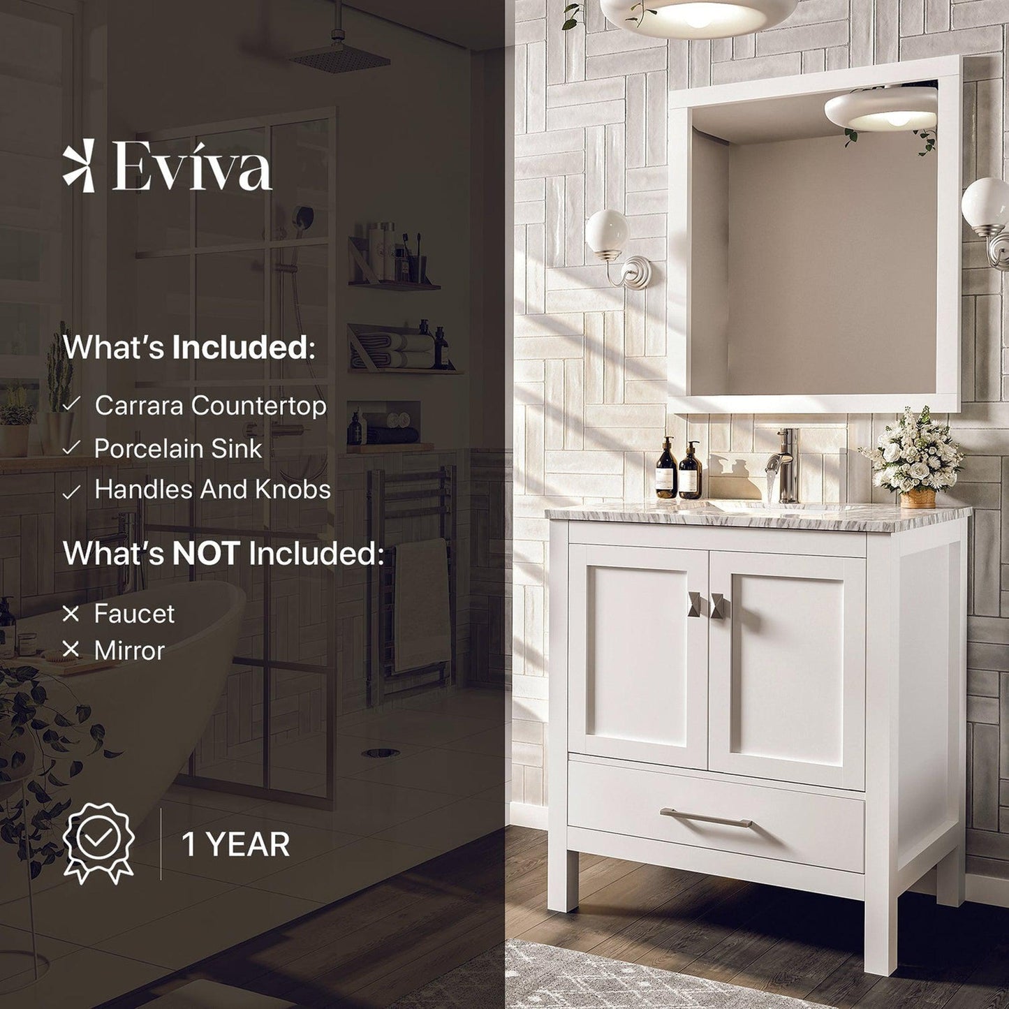 Eviva London 30" x 34" White Freestanding Bathroom Vanity With Carrara Marble Countertop and Single Undermount Sink
