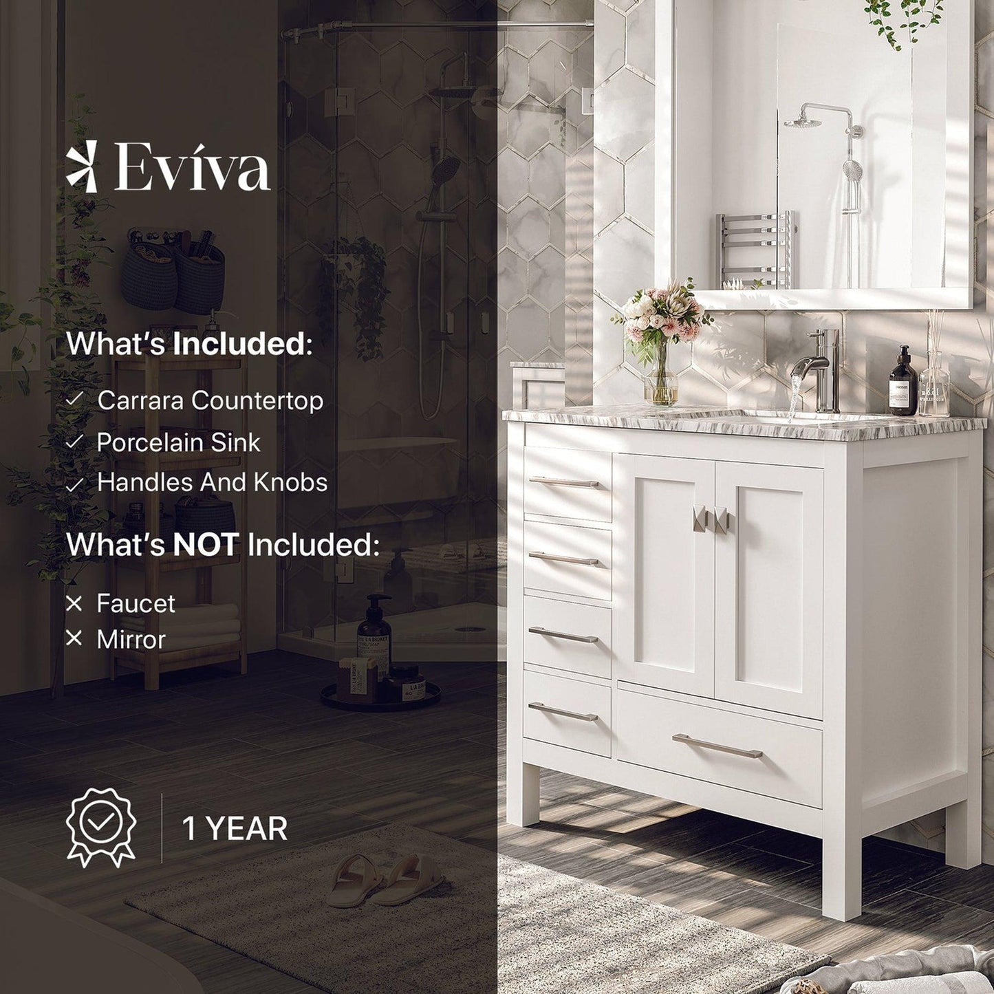 Eviva London 36" x 34" White Freestanding Bathroom Vanity With Carrara Marble Countertop and Single Undermount Sink