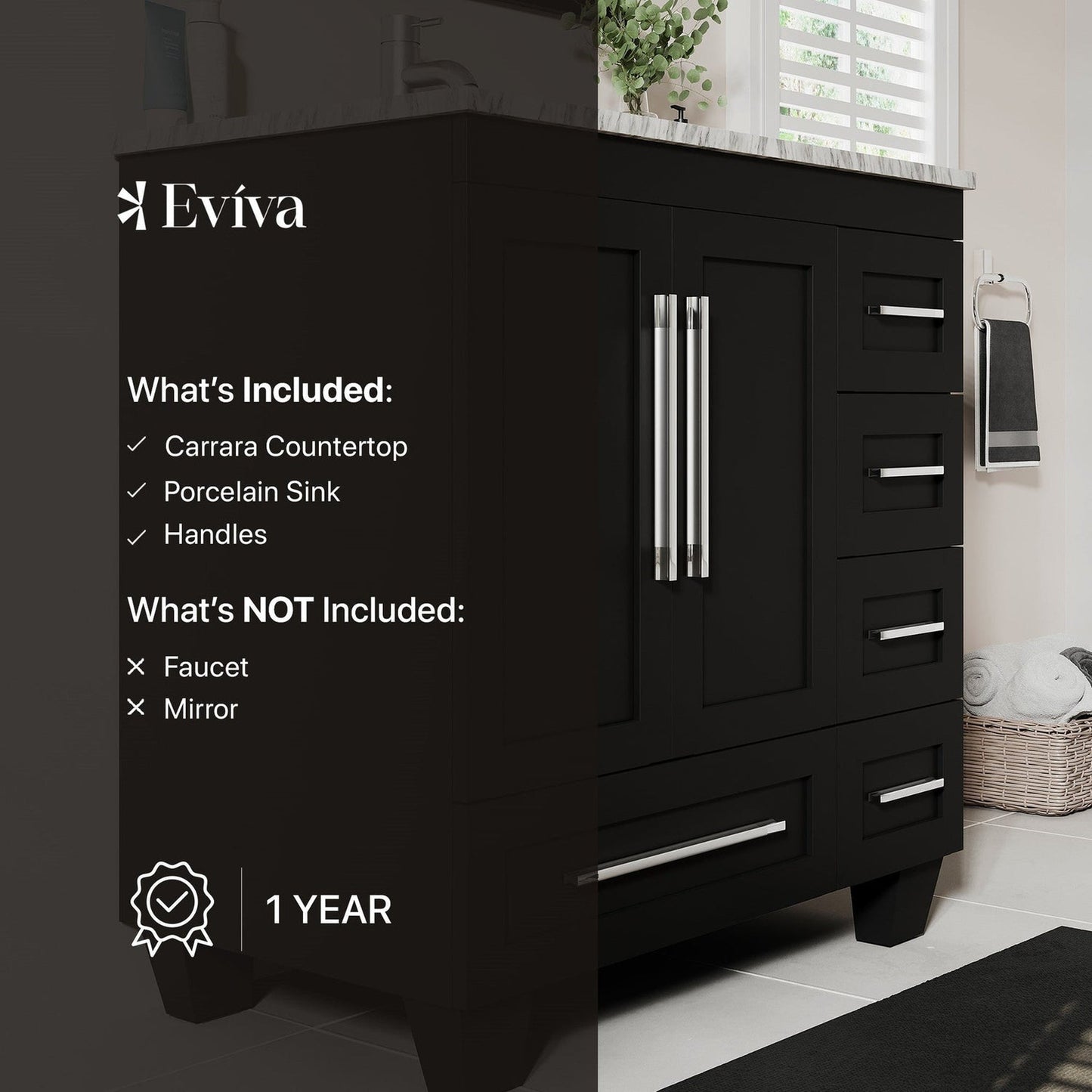 Eviva Loon 30" x 34" Espresso Freestanding Bathroom Vanity With Carrara Marble Countertop and Undermount Porcelain Sink