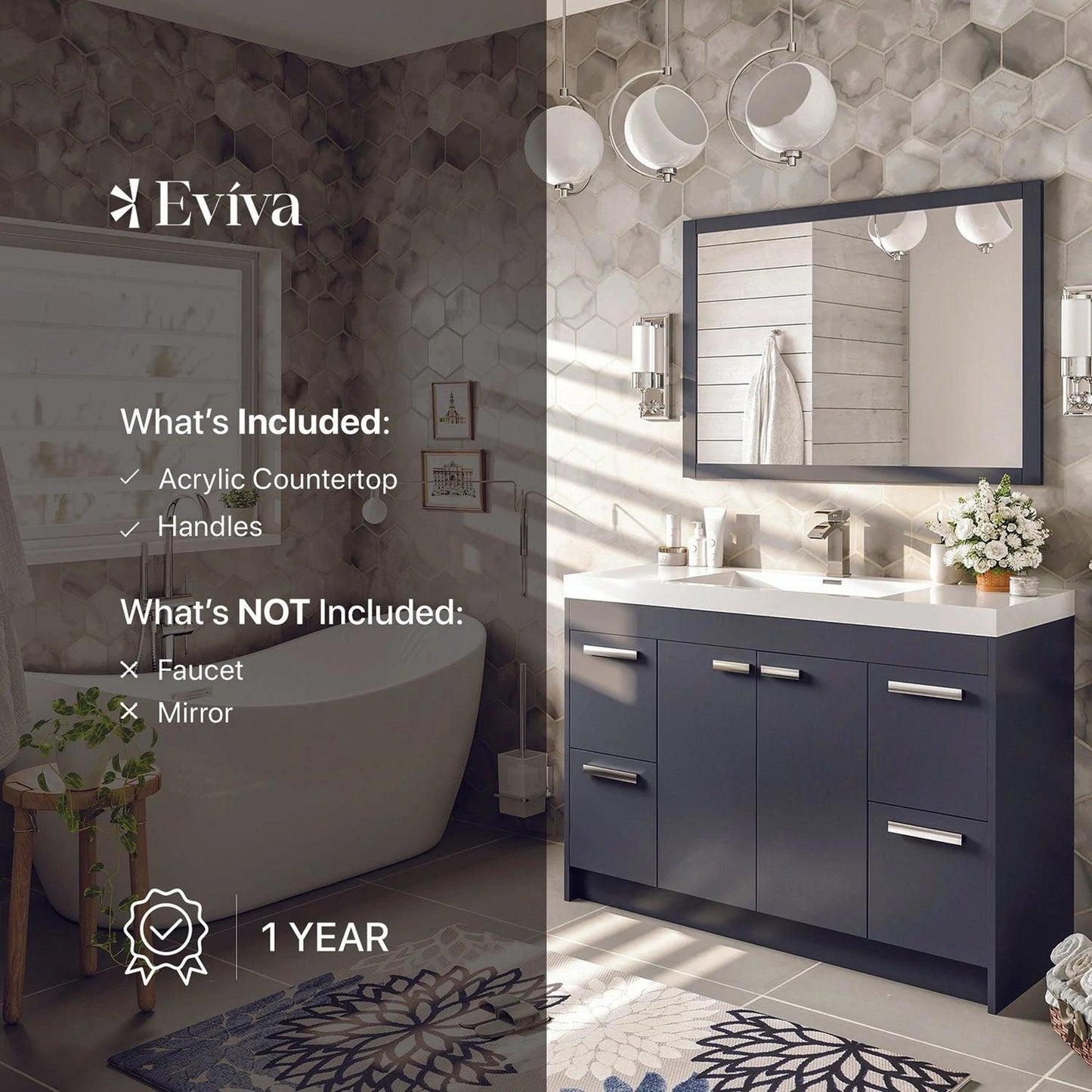 Eviva Lugano 42” x 36” Gray Bathroom Vanity With White Single Integrated Acrylic Top