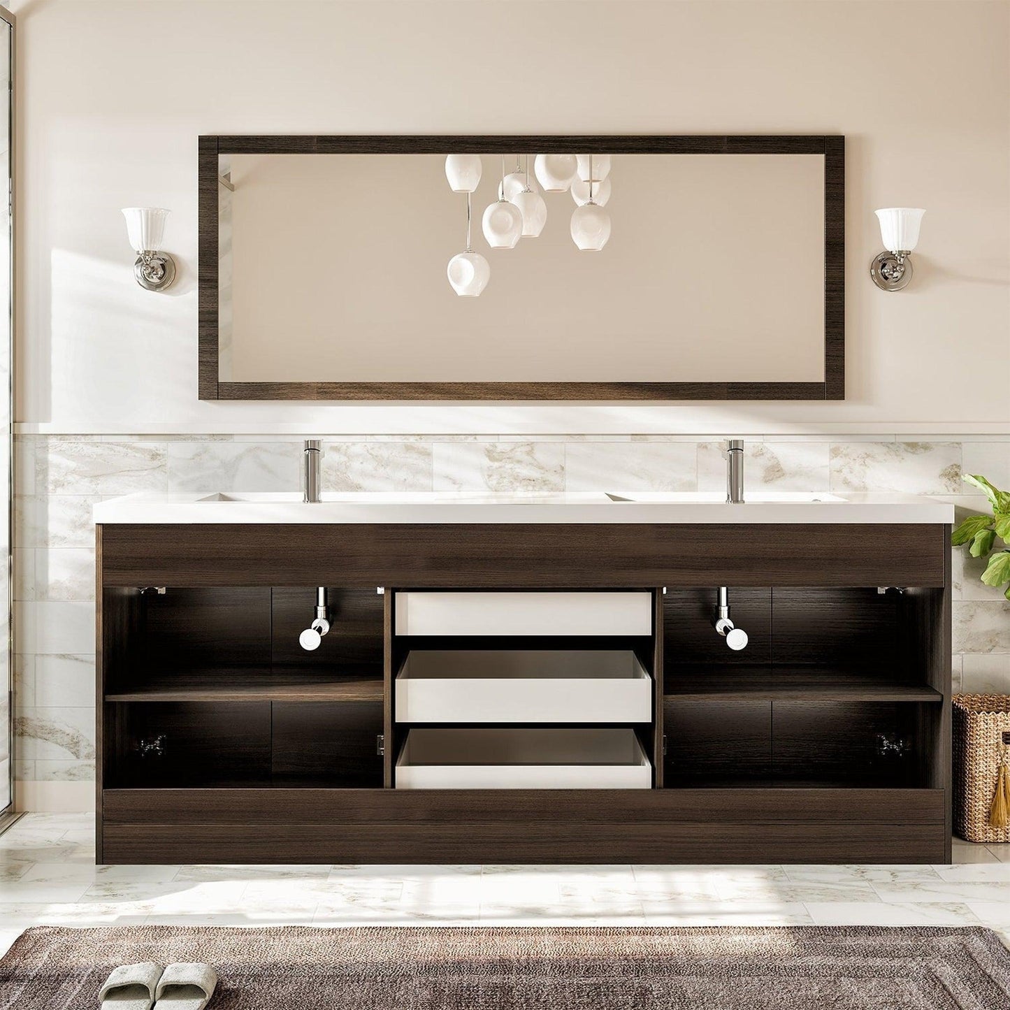 Eviva Lugano 84" x 36" Gray Oak Bathroom Vanity With White Acrylic Top & Double Integrated Sink