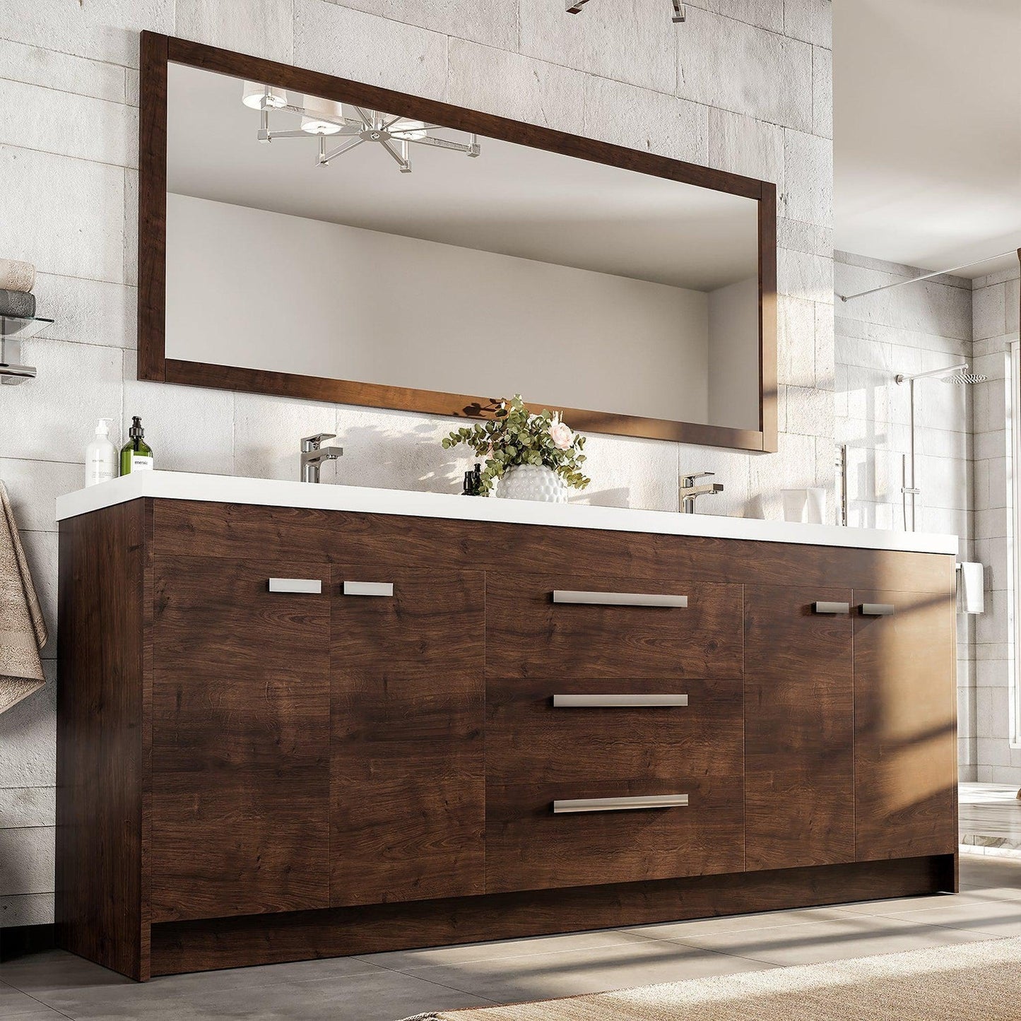 Eviva Lugano 84" x 36" Rosewood Bathroom Vanity With White Acrylic Top & Double Integrated Sink