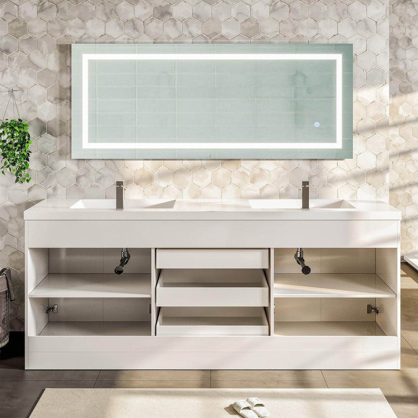 Eviva Lugano 84" x 36" White Bathroom Vanity With White Acrylic Top & Double Integrated Sink