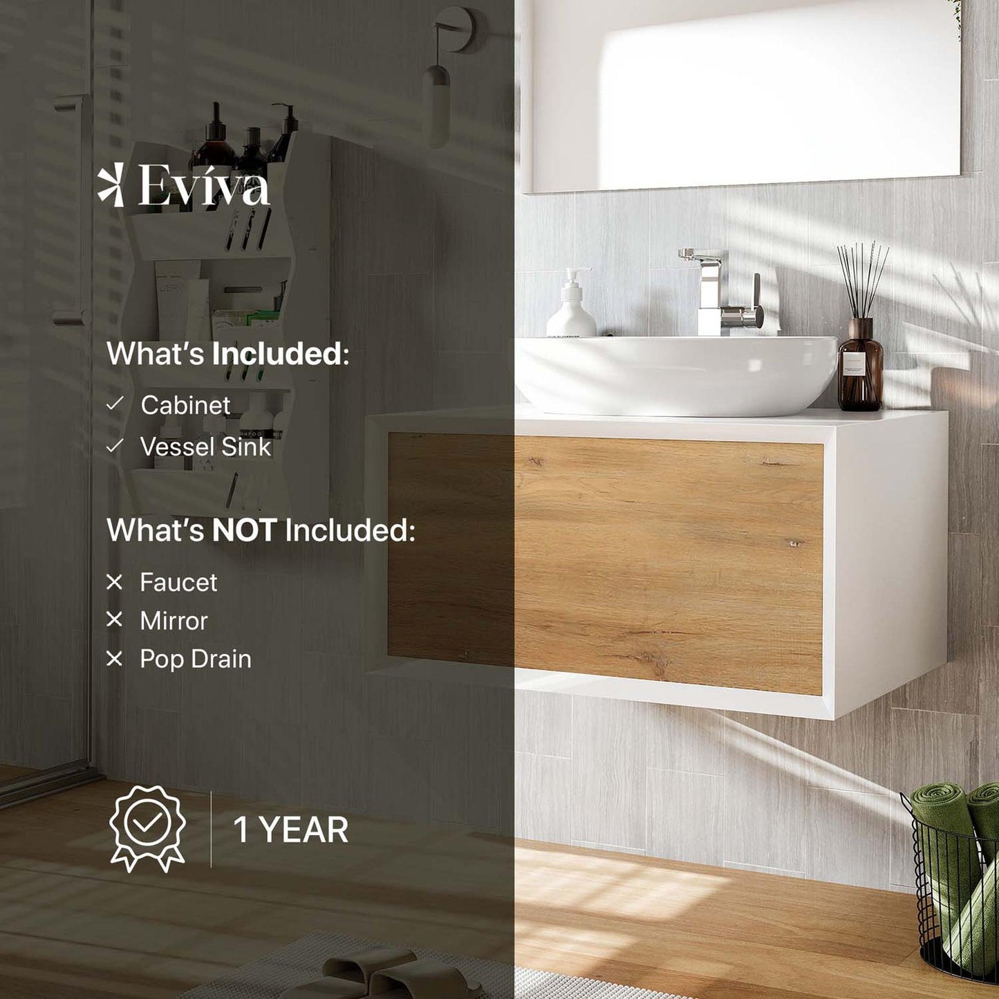 Eviva Santa Monica 36" x 16" White Oak Wall-Mounted Bathroom Vanity With White Porcelain Vessel Sink