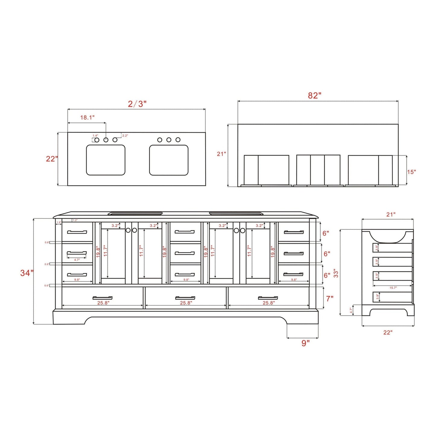 Eviva Storehouse 84" x 34" Dark Gray Freestanding Bathroom Vanity With White Carrara Marble Countertop and Double Undermount Sink