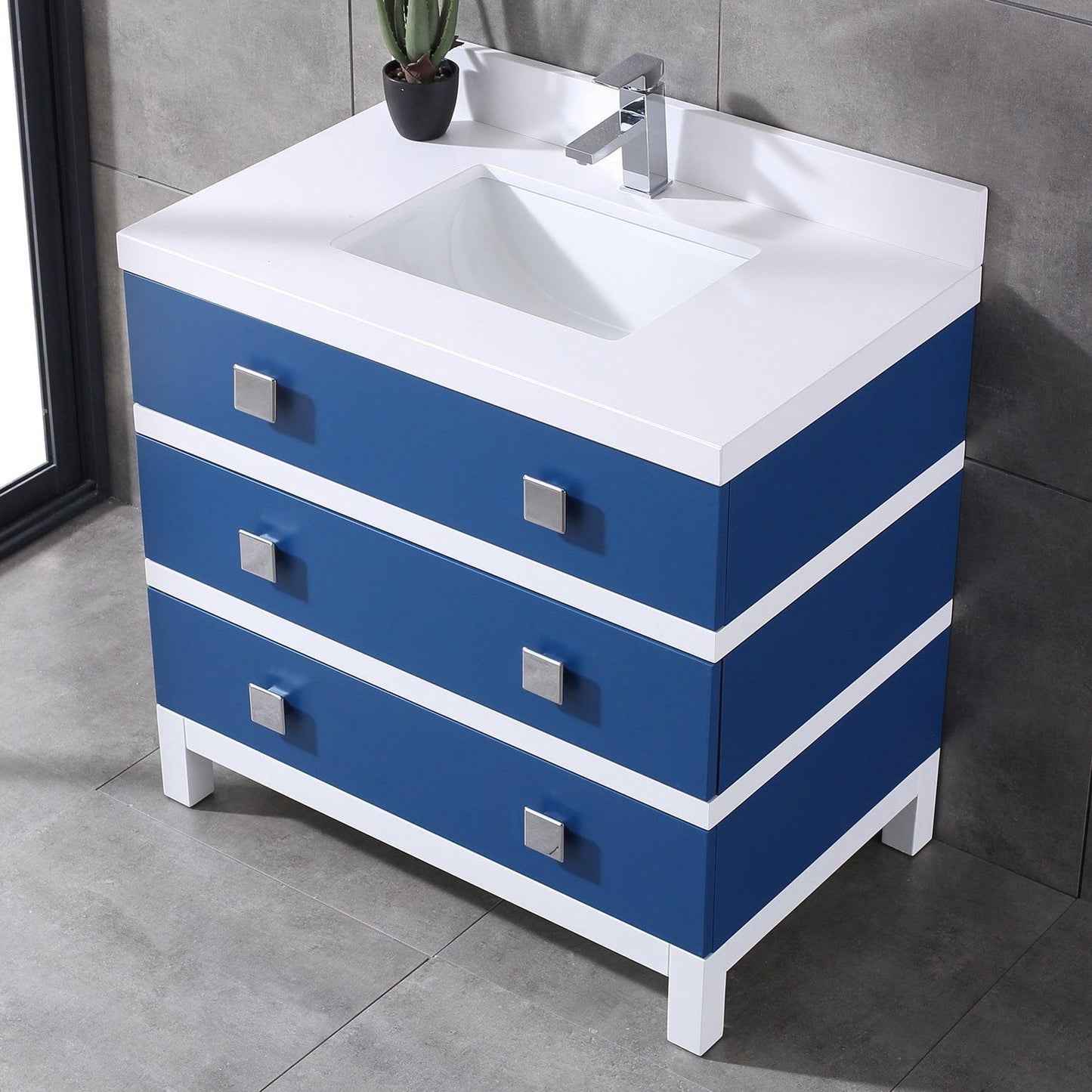 Eviva Sydney 36" x 32" Blue and White Freestanding Bathroom Vanity With White Solid Quartz Countertop