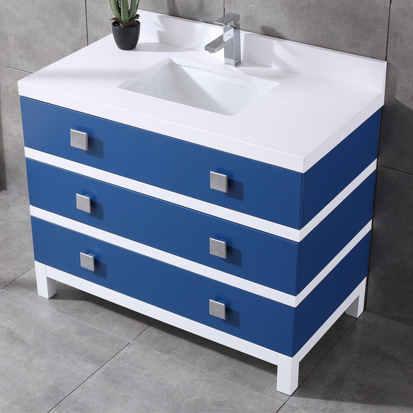 Eviva Sydney 42" x 32" Blue and White Freestanding Bathroom Vanity With White Solid Quartz Countertop