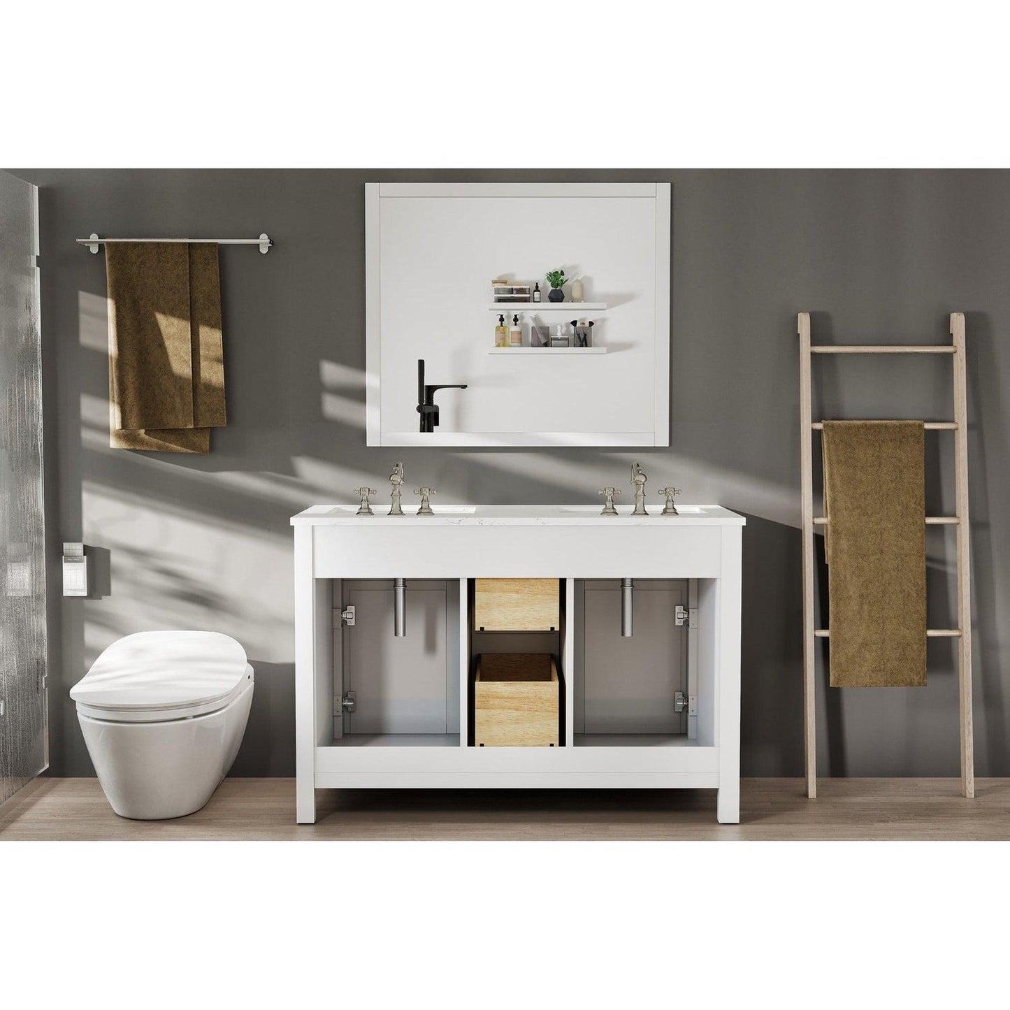 Eviva Totti Artemis 44" x 34" White Freestanding Bathroom Vanity With Carrara Style Man-made Stone Countertop and Double Undermount Sink