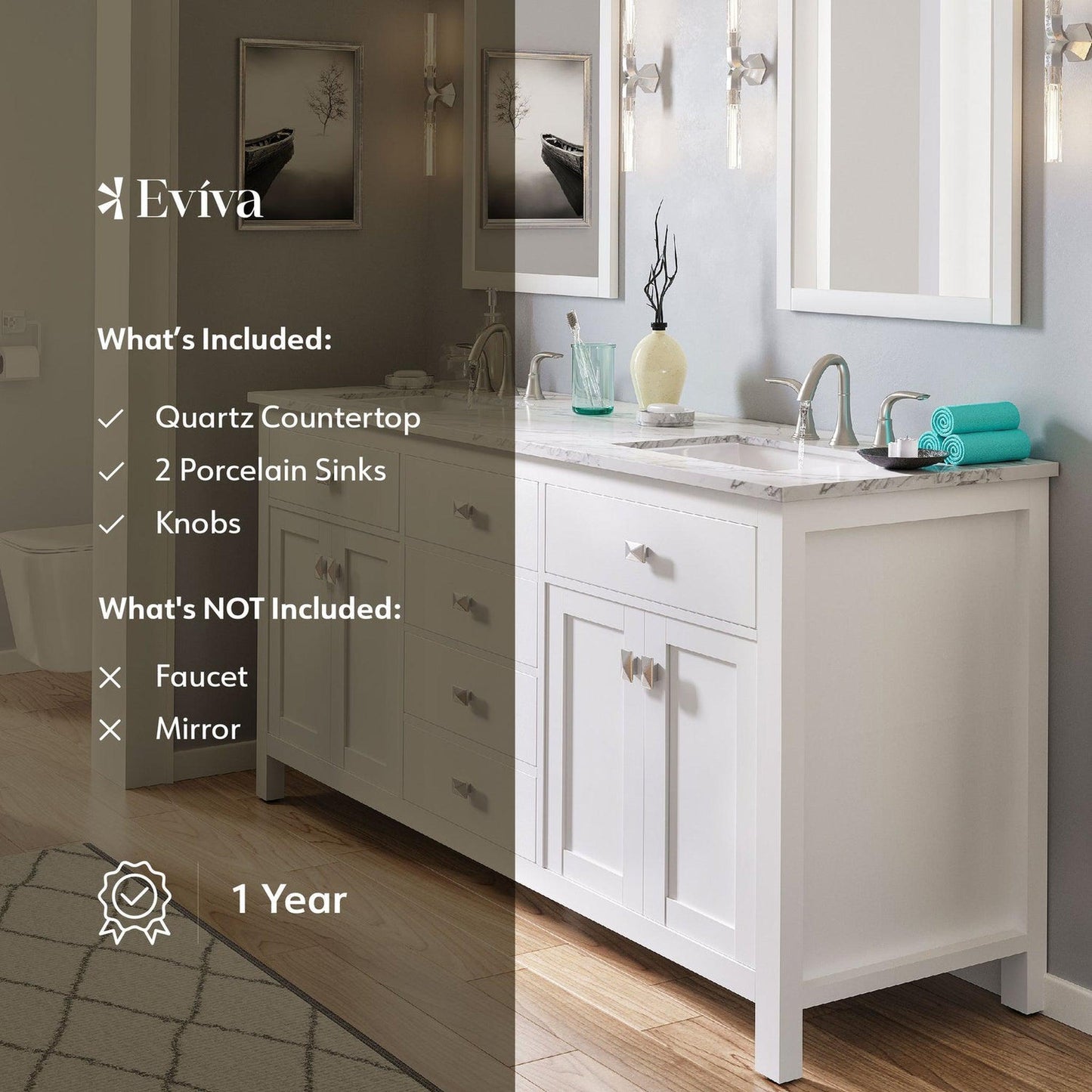 Eviva Totti Artemis 60" x 34" White Freestanding Bathroom Vanity With Carrara Style Man-made Stone Countertop and Double Undermount Sink