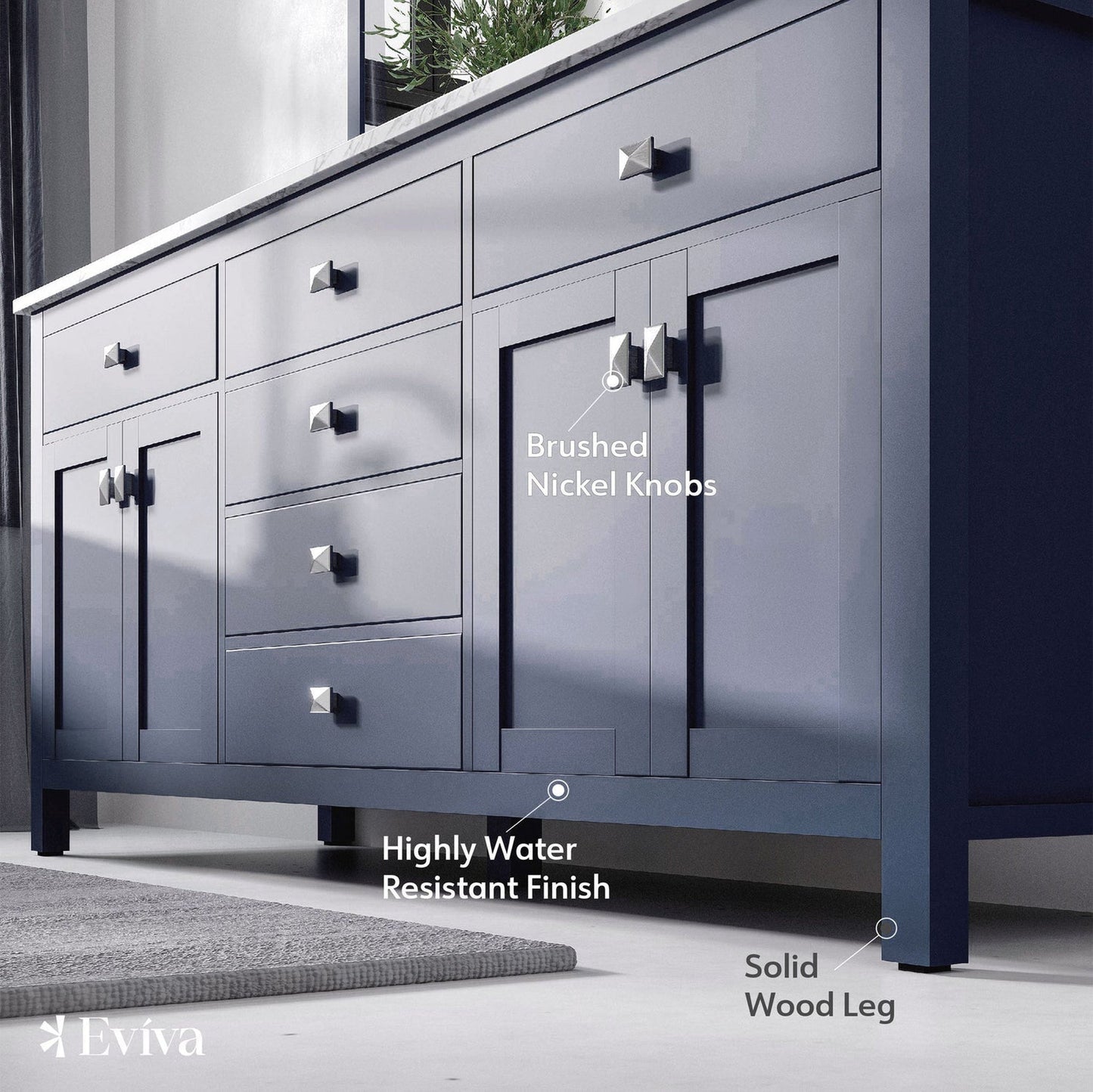 Eviva Totti Artemis 72" x 34" Blue Freestanding Bathroom Vanity With Carrara Style Man-made Stone Countertop and Double Undermount Sink