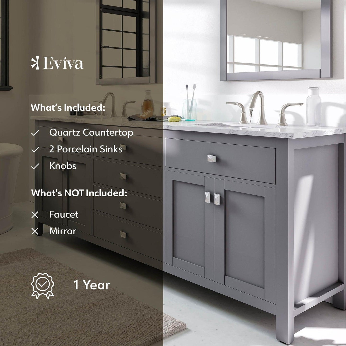 Eviva Totti Artemis 72" x 34" Gray Freestanding Bathroom Vanity With Carrara Style Man-made Stone Countertop and Double Undermount Sink