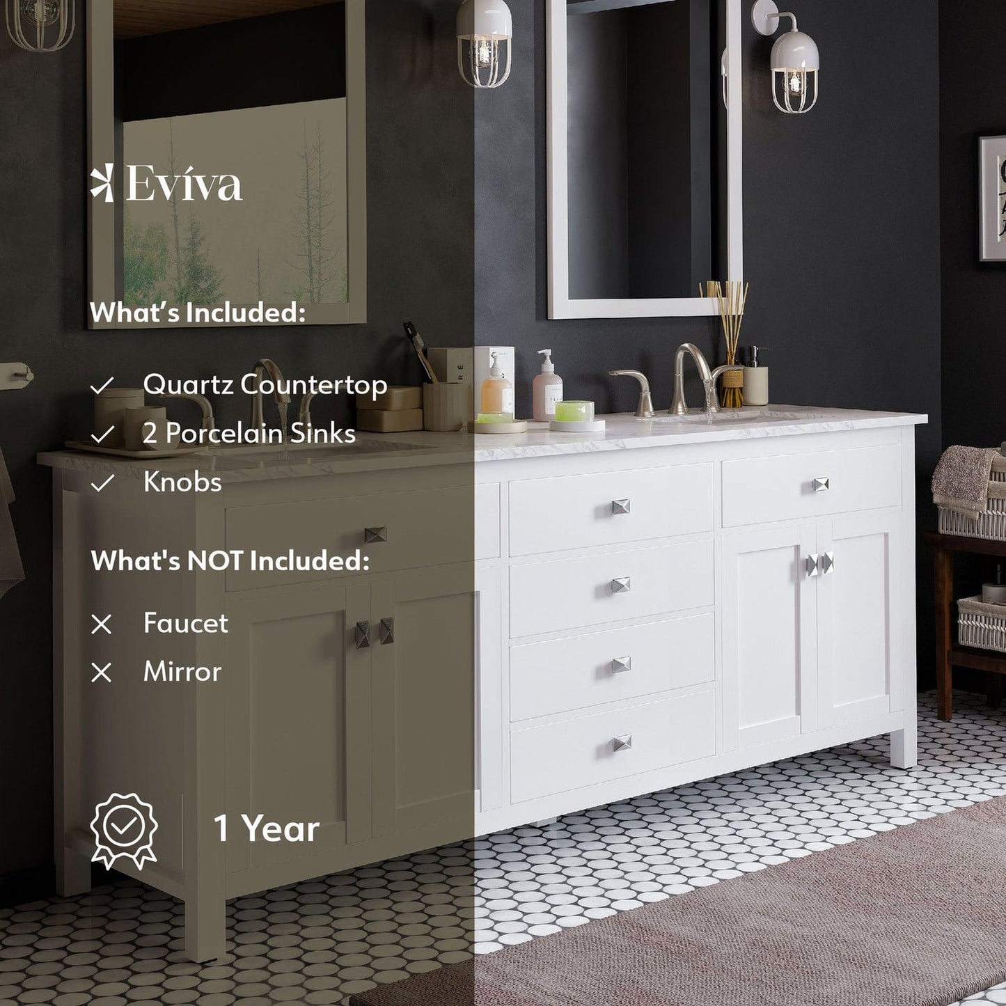 Eviva Totti Artemis 72" x 34" White Freestanding Bathroom Vanity With Carrara Style Man-made Stone Countertop and Double Undermount Sink