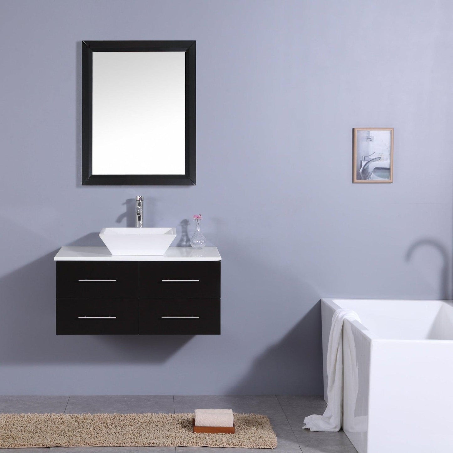 Eviva Totti Wave 36" x 16" Espresso Wall-Mounted Bathroom Vanity With White Man-Made Stone Countertop and Single Porcelain Sink