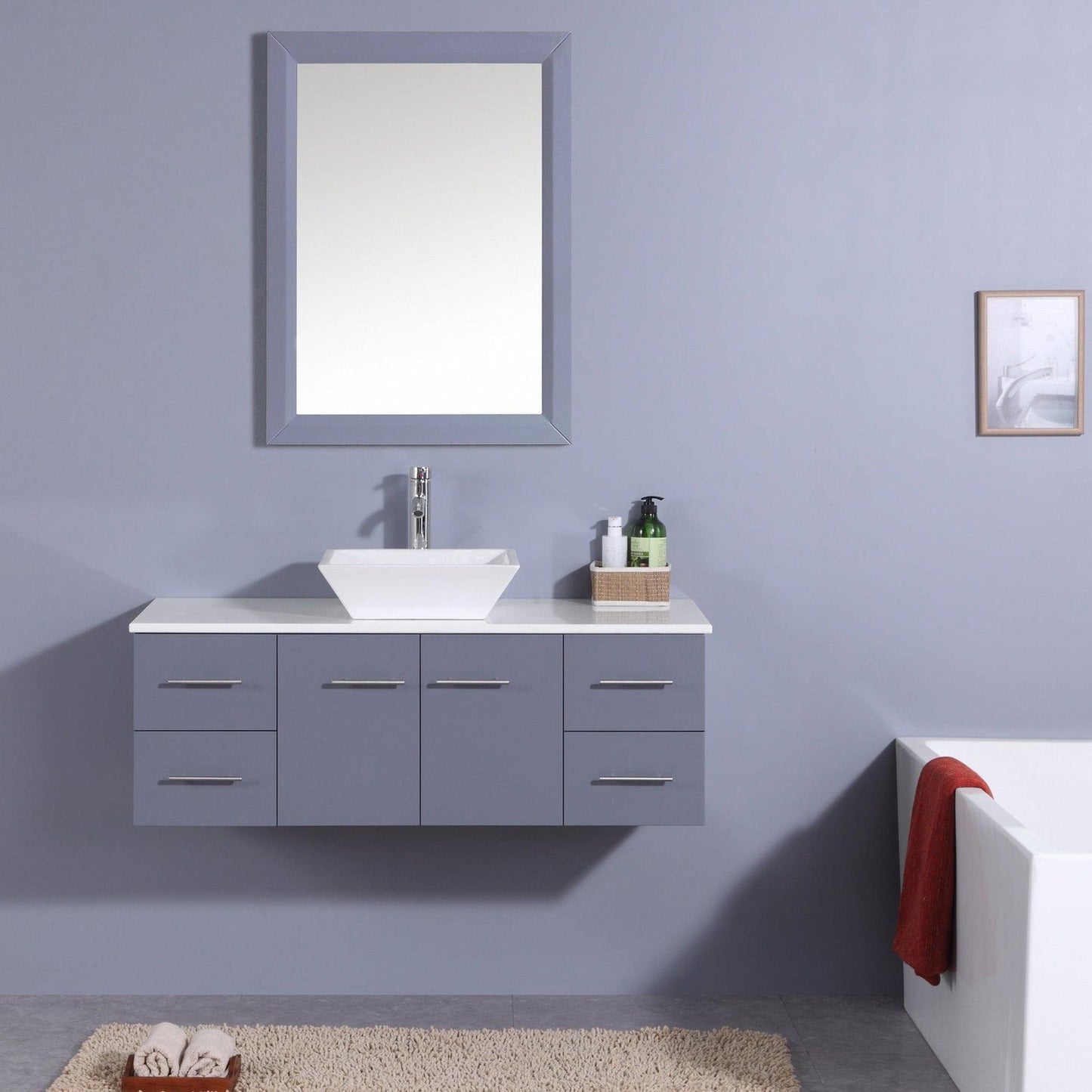 Eviva Totti Wave 48" x 16" Gray Wall-Mounted Bathroom Vanity With White Man-Made Stone Countertop and Single Porcelain Sink