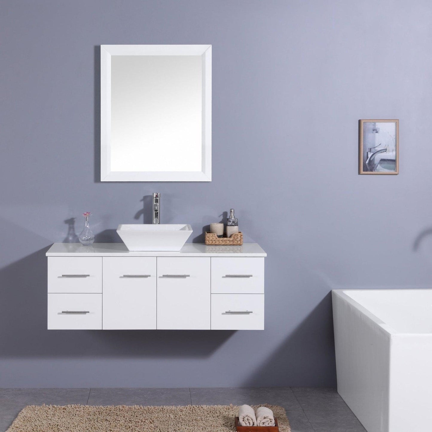 Eviva Totti Wave 48" x 16" White Wall-Mounted Bathroom Vanity With White Man-Made Stone Countertop and Single Porcelain Sink
