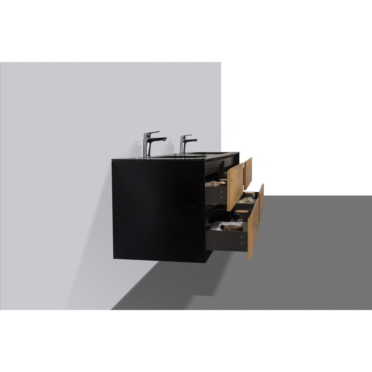 Eviva Vienna 75" x 22" Oak Black Wall-Mounted Bathroom Vanity With White Double Integrated Sink