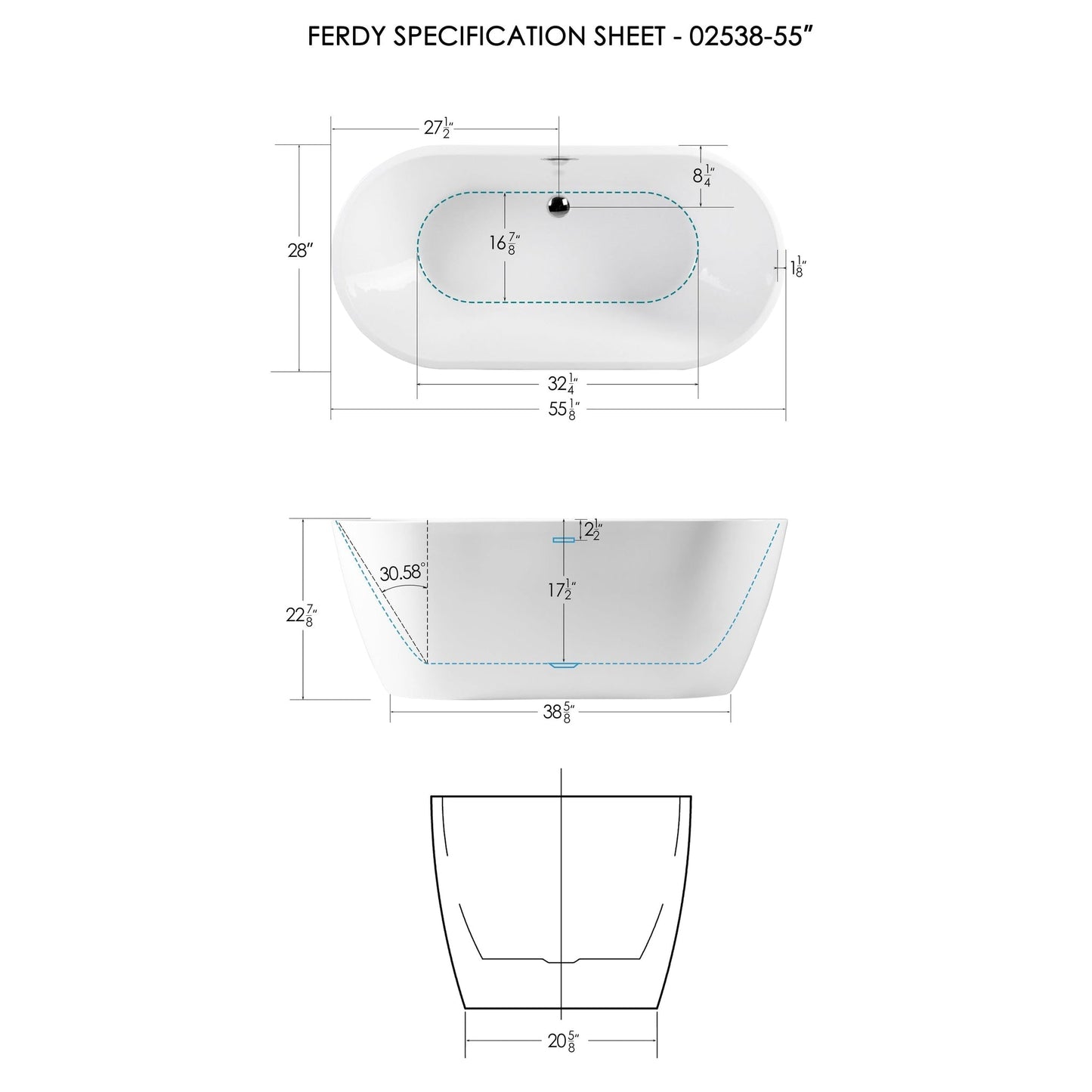 FerdY Bali 55" x 28" Oval Glossy White Acrylic Freestanding Roll Top Soaking Bathtub With Chrome Drain and Overflow