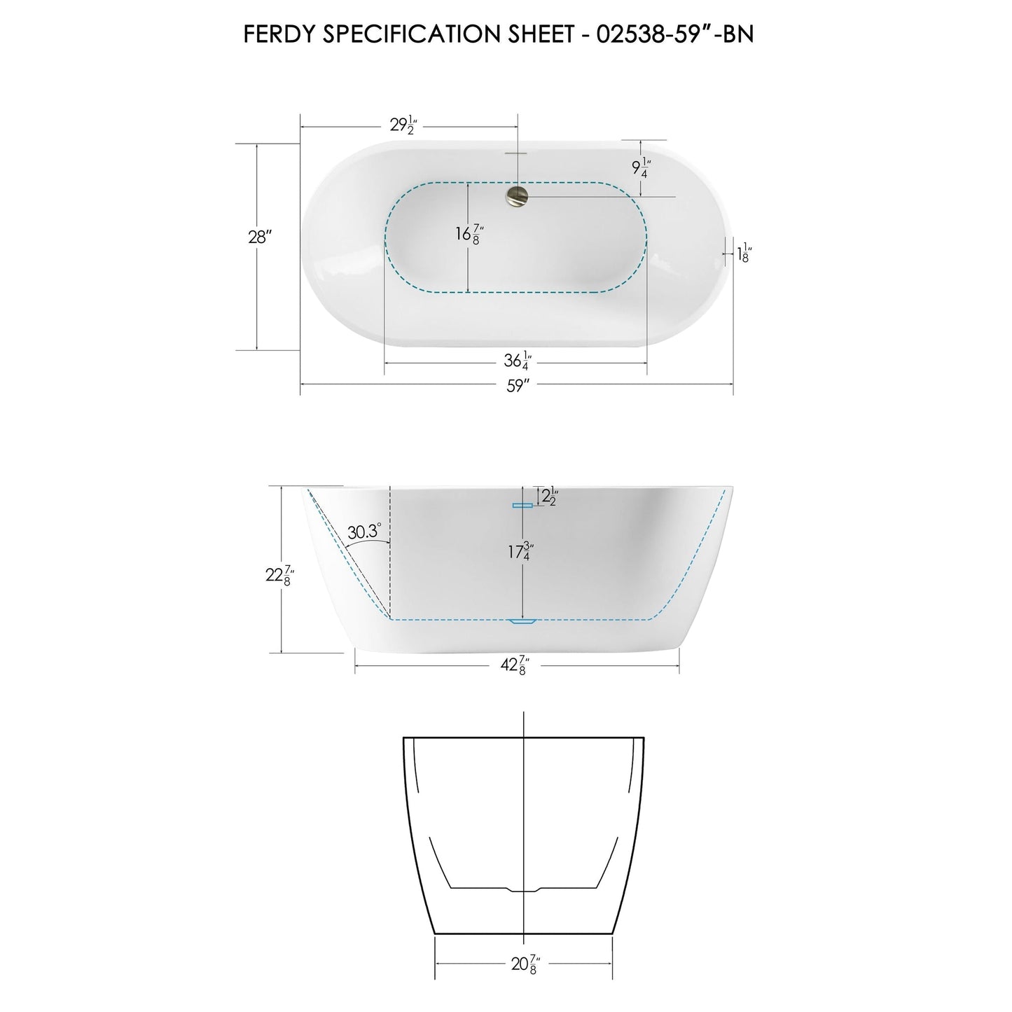 FerdY Bali 59" x 28" Oval Glossy White Acrylic Freestanding Double Slipper Soaking Bathtub With Brushed Nickel Drain and Overflow