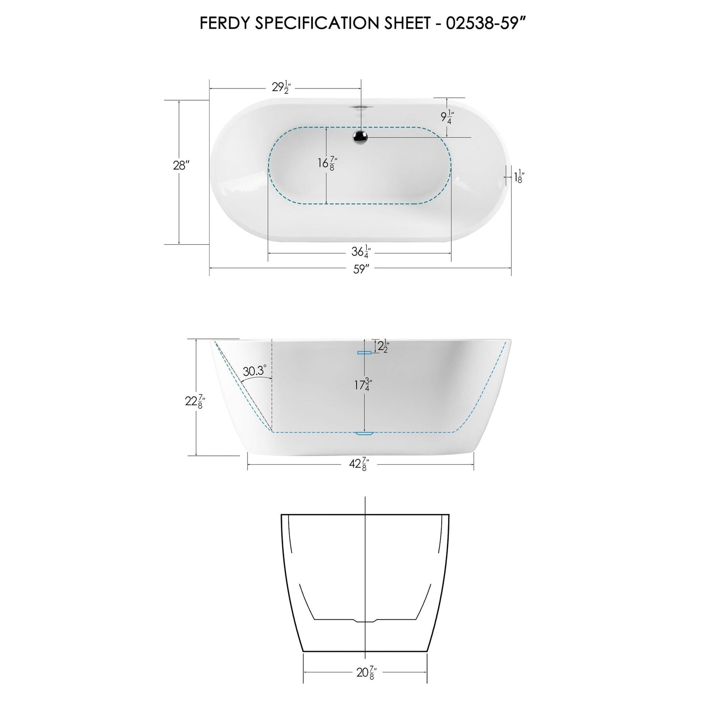 FerdY Bali 59" x 28" Oval Glossy White Acrylic Freestanding Double Slipper Soaking Bathtub With Chrome Drain and Overflow
